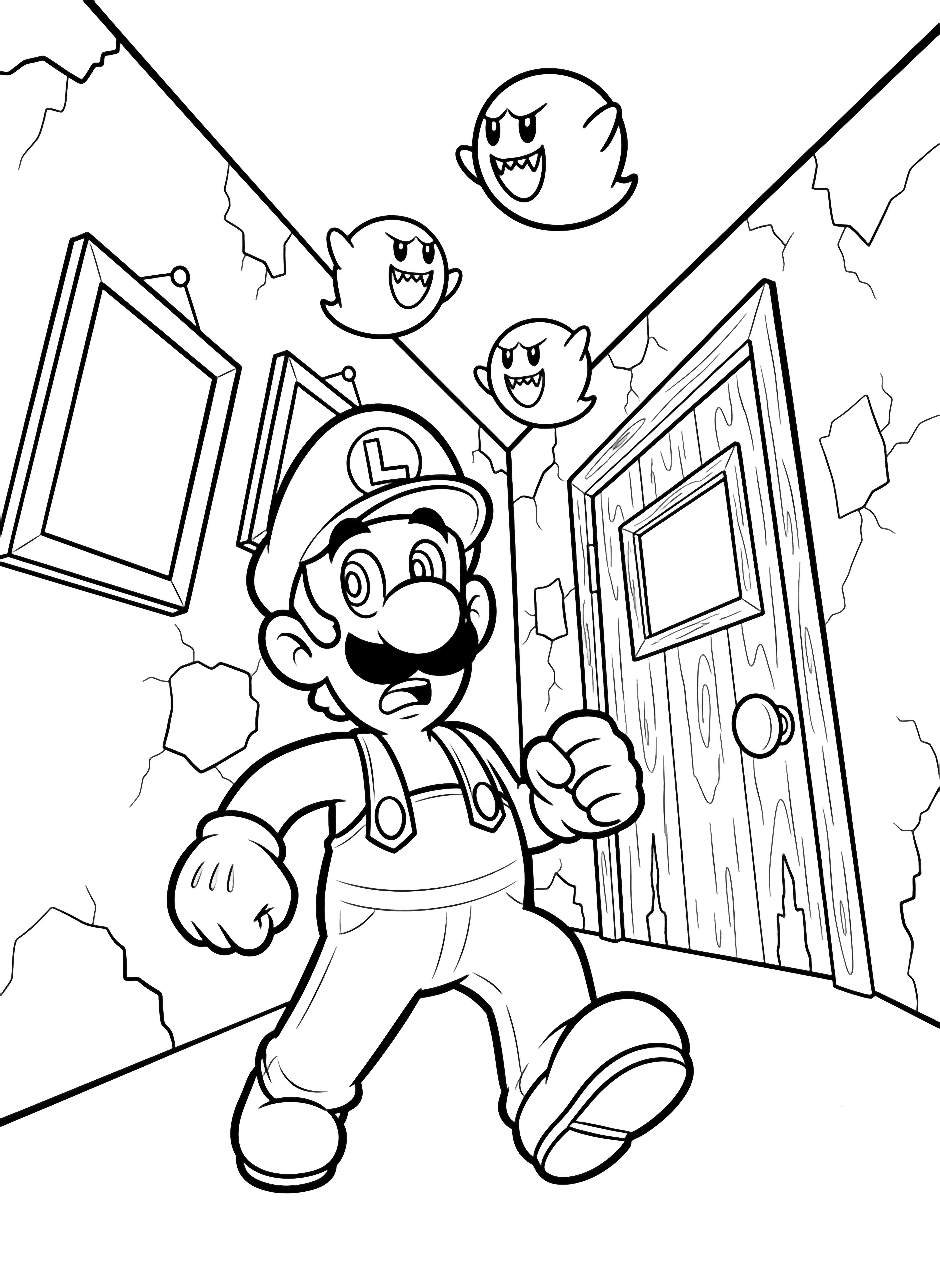 Luigi tip-toes through a crooked haunted hallway, eyes wide with fright, as round Boo ghosts drift past crooked picture frames and a creaky door. kleurplaat