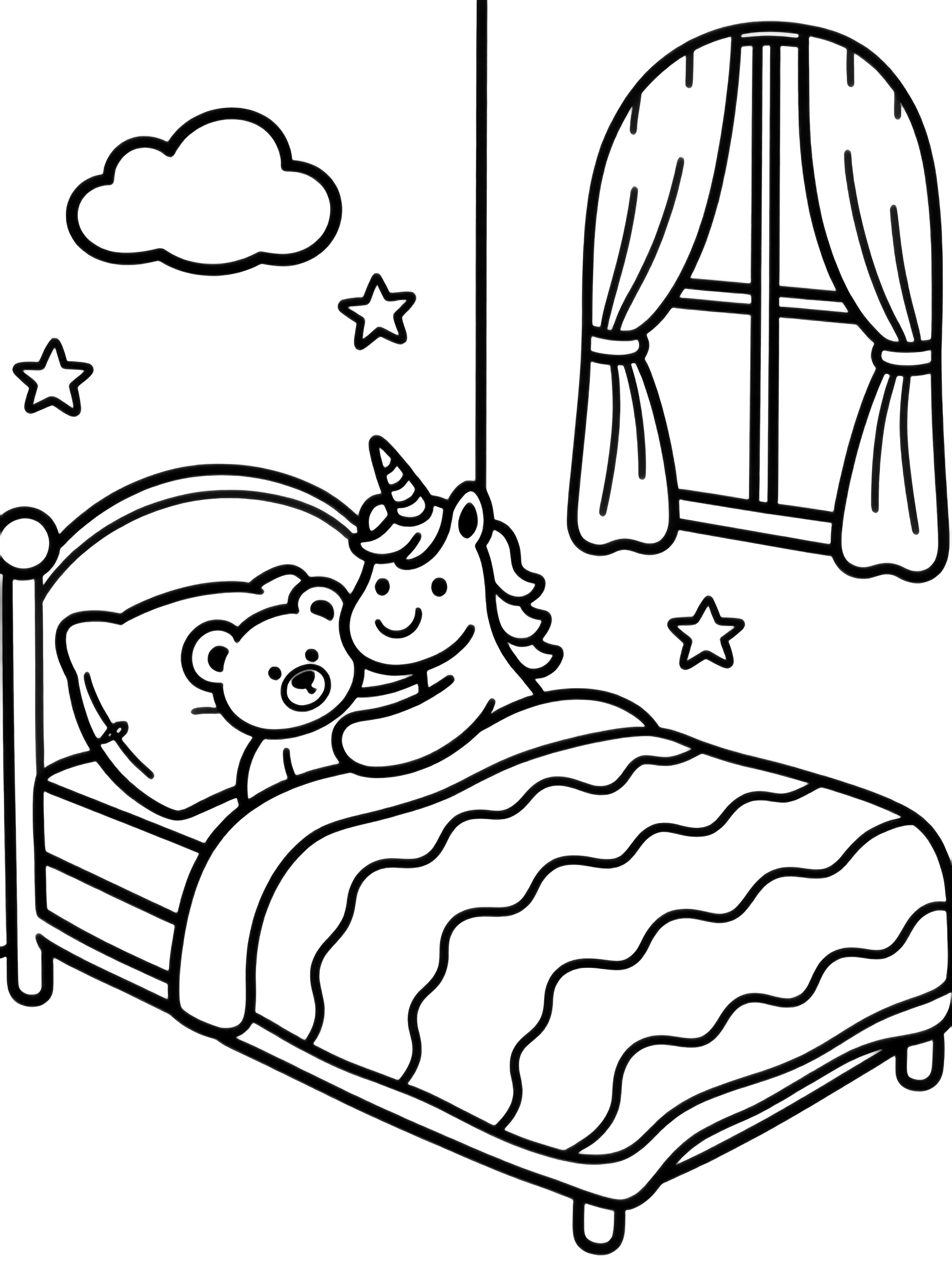A smiling unicorn hugs a teddy bear under a wavy blanket on a bed with a rounded headboard, beside a cloud pillow, an open window with curtains, and floating stars. kleurplaat