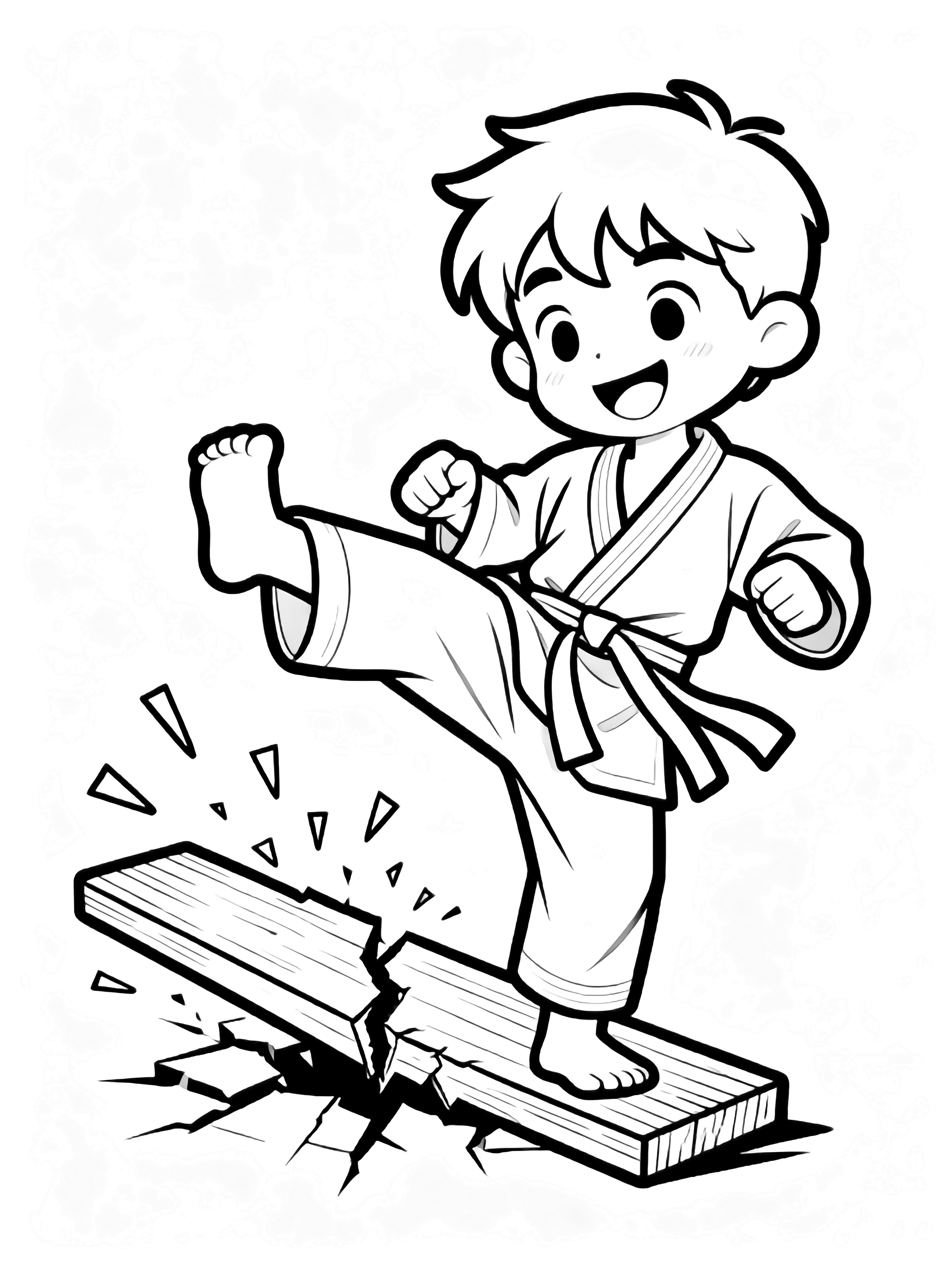 A joyful child in a loose gi performs a mid-air kick, splintering a cracked wooden plank. kleurplaat