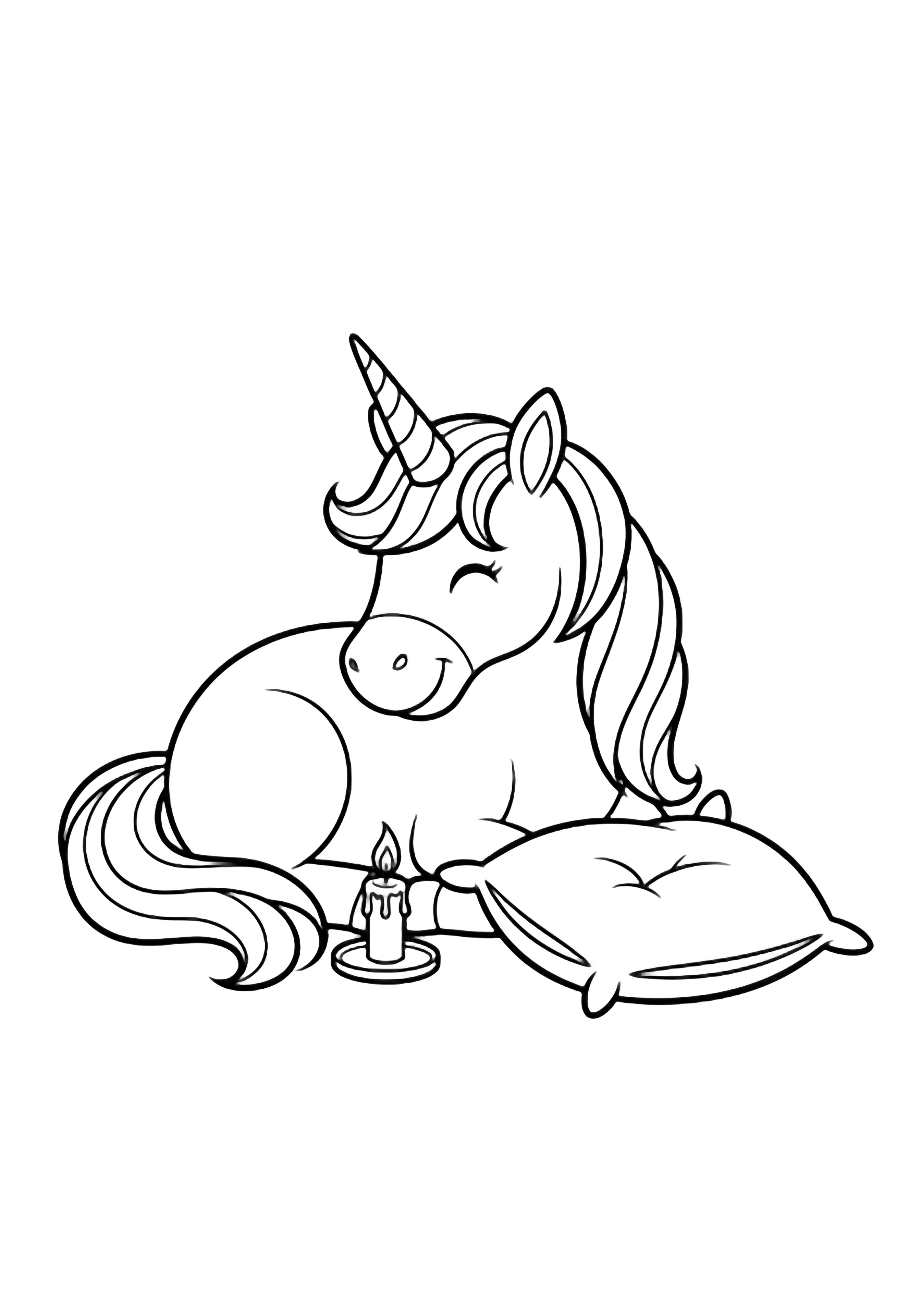A smiling unicorn curled up beside a small candle and a puffy pillow on a blank white background. kleurplaat