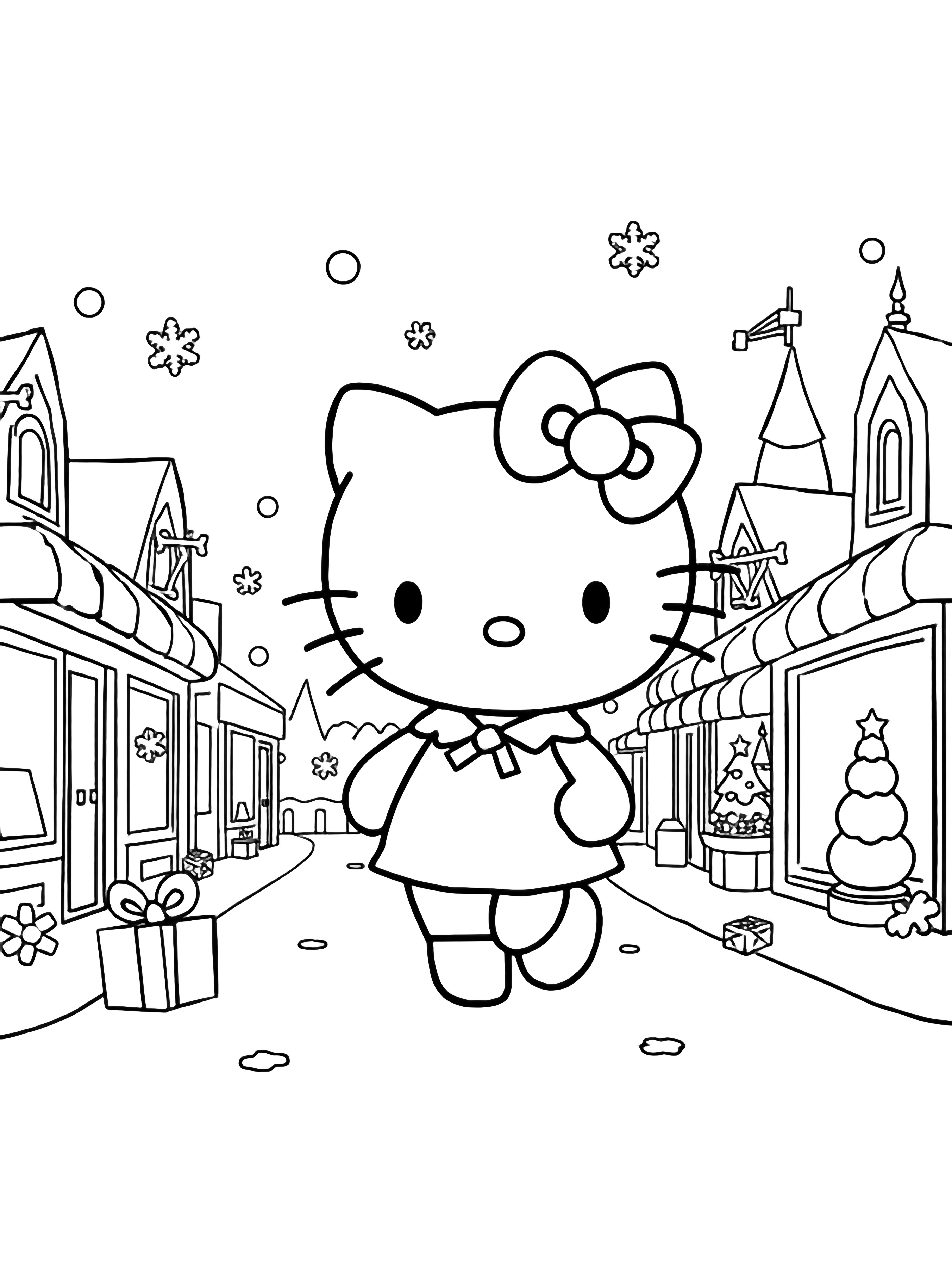 illustration on a Hello Kitty strolls center page past snowflake dotted shops; oversized bow on her ear tiny gift boxes and smiling snowflakes float around simple street and distant peaked roofs frame her; bold white interior shapes perfect for clean black kleurplaat