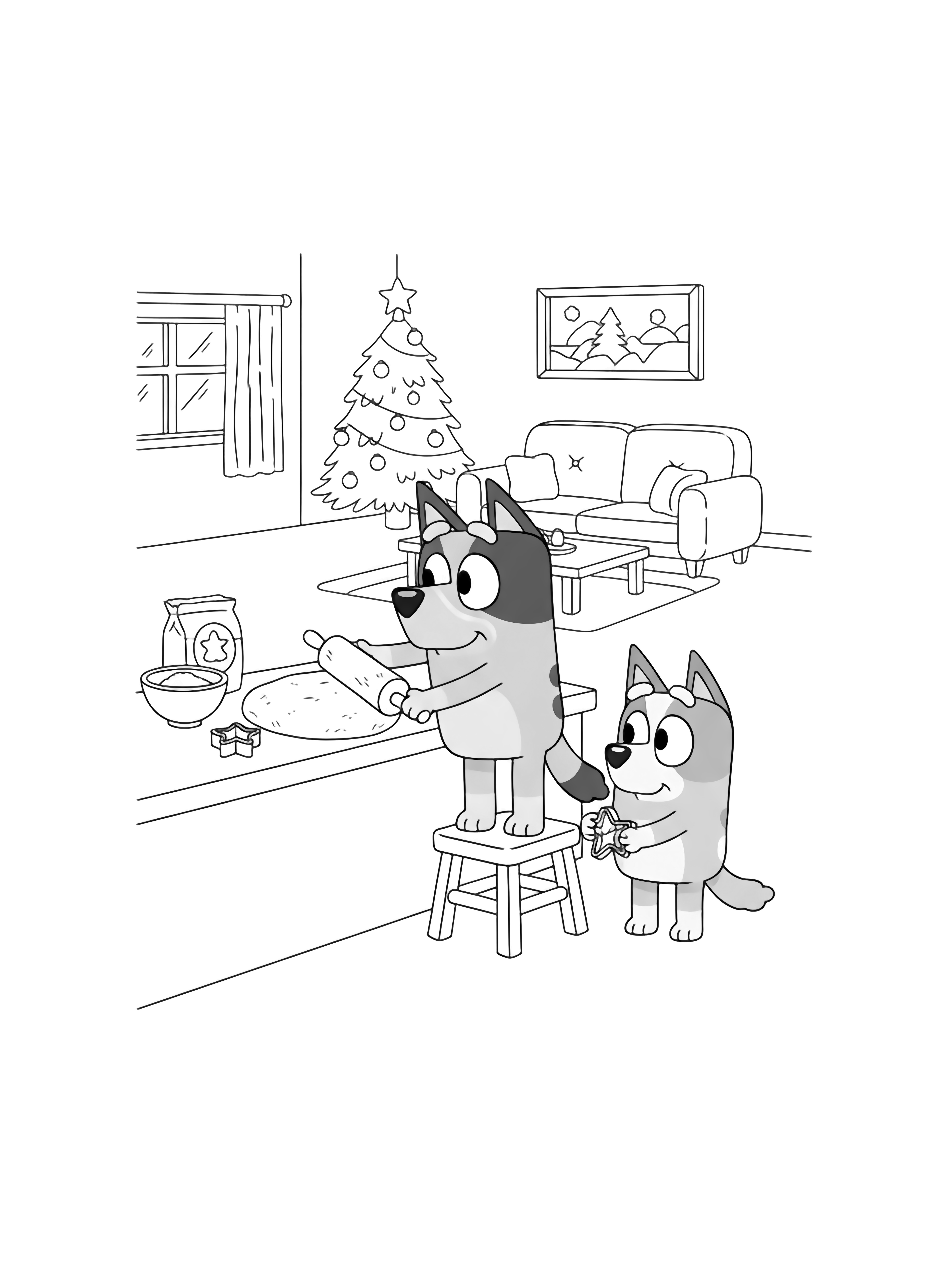Bluey stands on a stool rolling dough on the kitchen counter; Bingo holds a star cookie cutter. kleurplaat