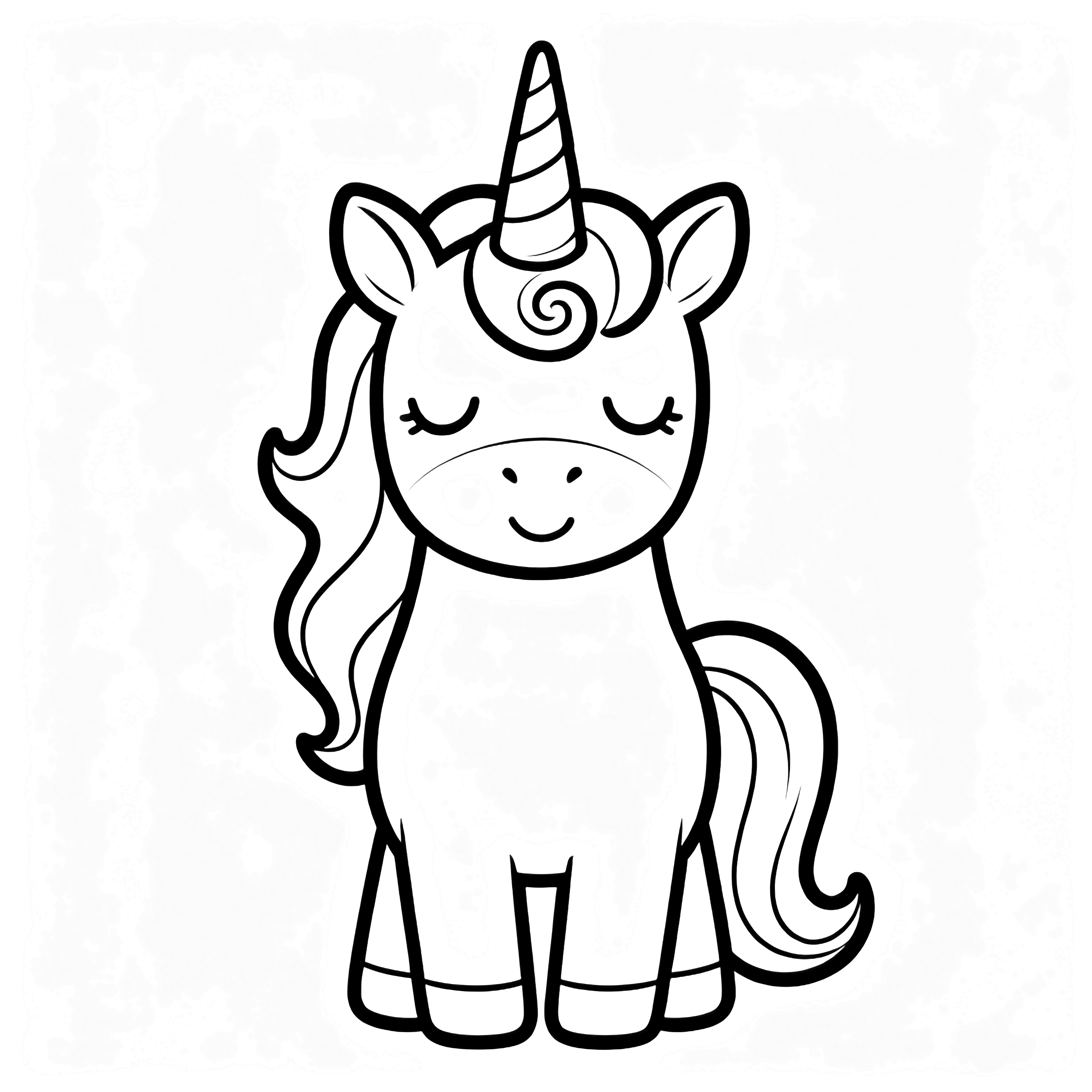 A joyful unicorn with closed eyes, flowing mane and tail, centered spiral horn, standing calmly with legs together. kleurplaat