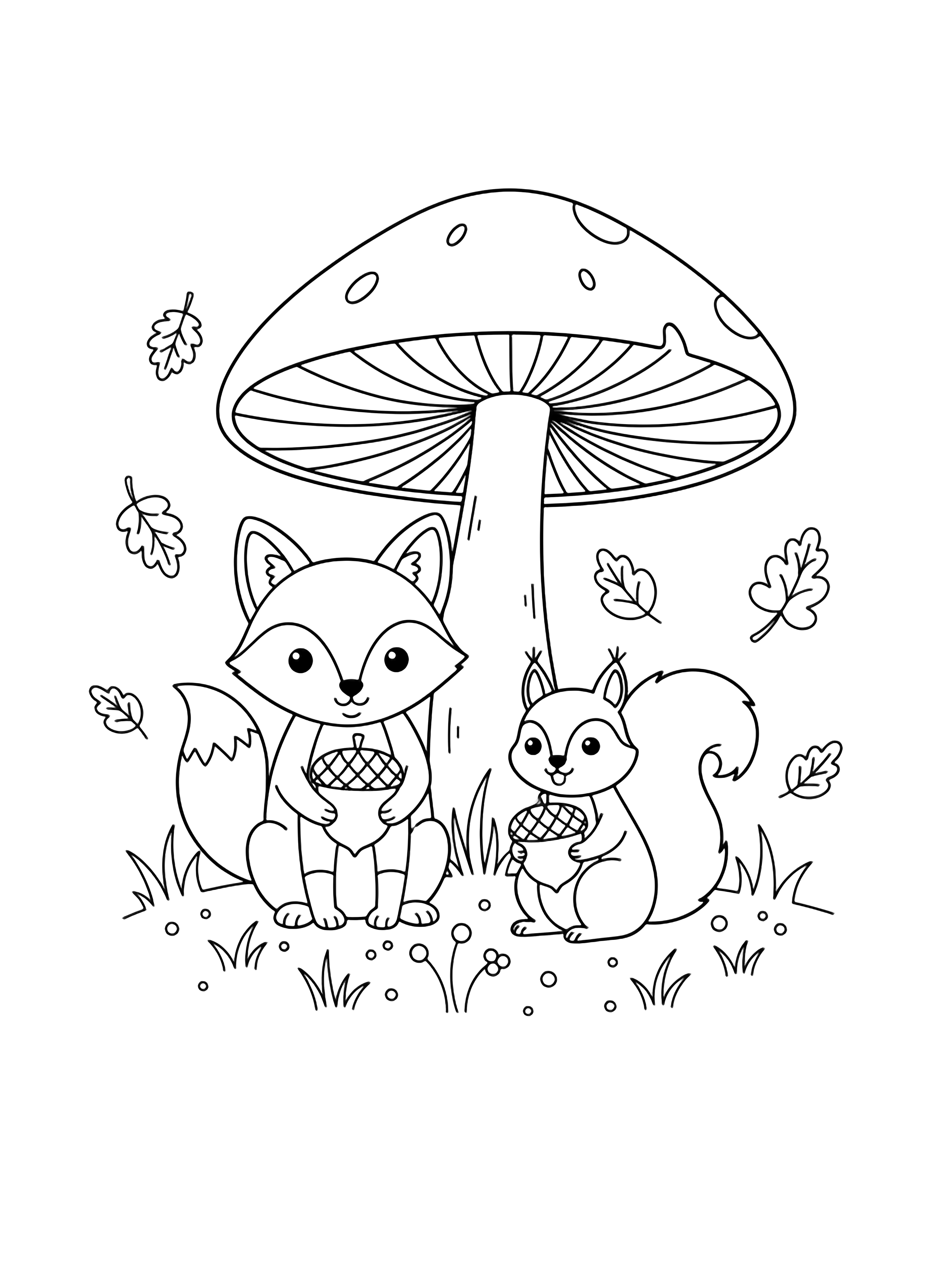 A smiling fox and a bushy-tailed squirrel share acorns beneath a broad umbrella mushroom, framed by simple grass, tiny flowers and drifting leaves. kleurplaat