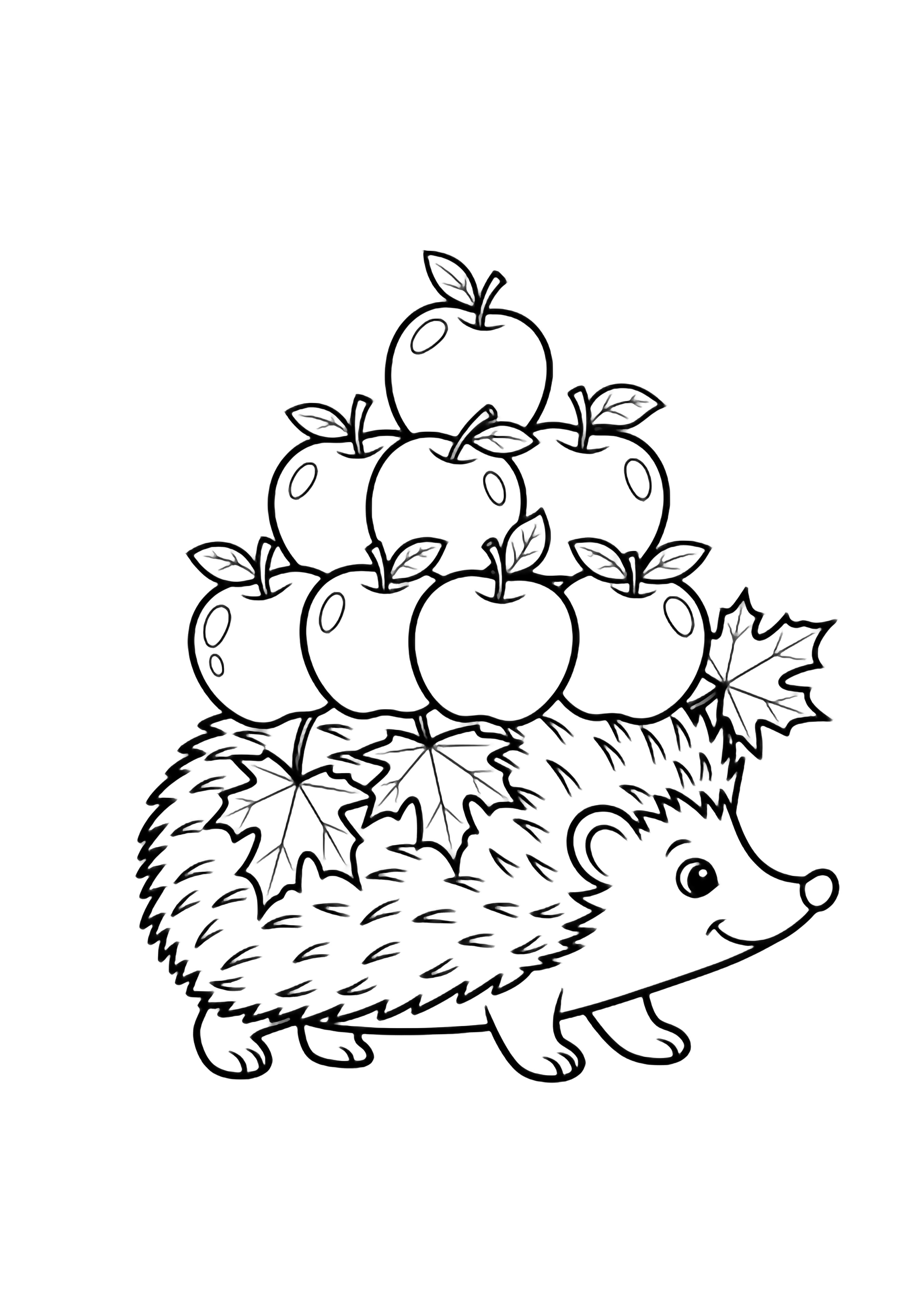 A cheerful hedgehog strolling with apples and maple leaves balanced on its bristles. kleurplaat