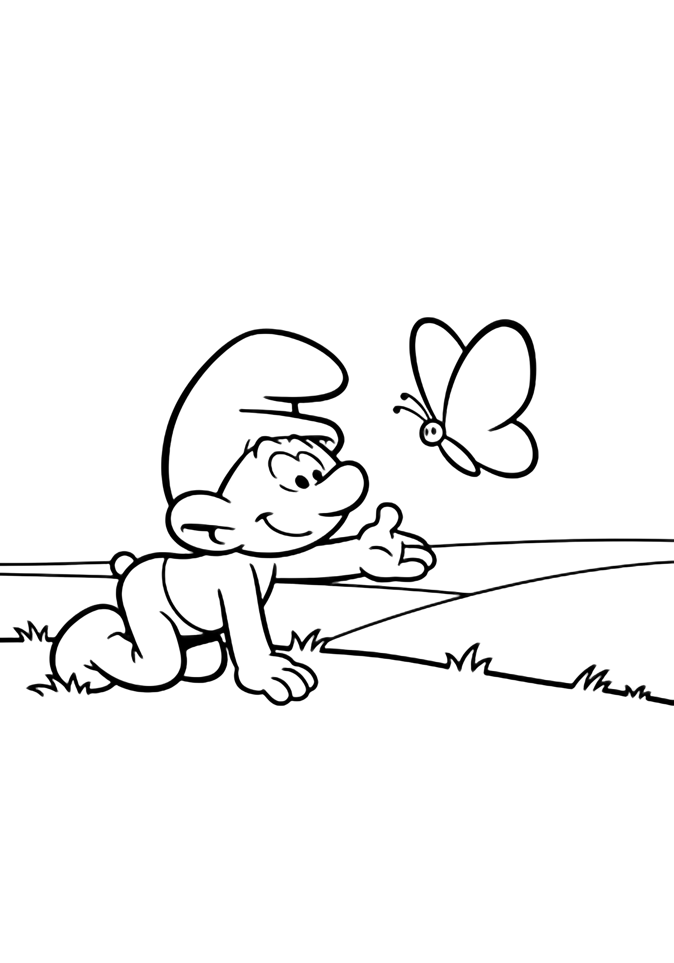 Baby Smurf crawls across a grassy field, tiny hand reaching toward a large butterfly floating above. kleurplaat