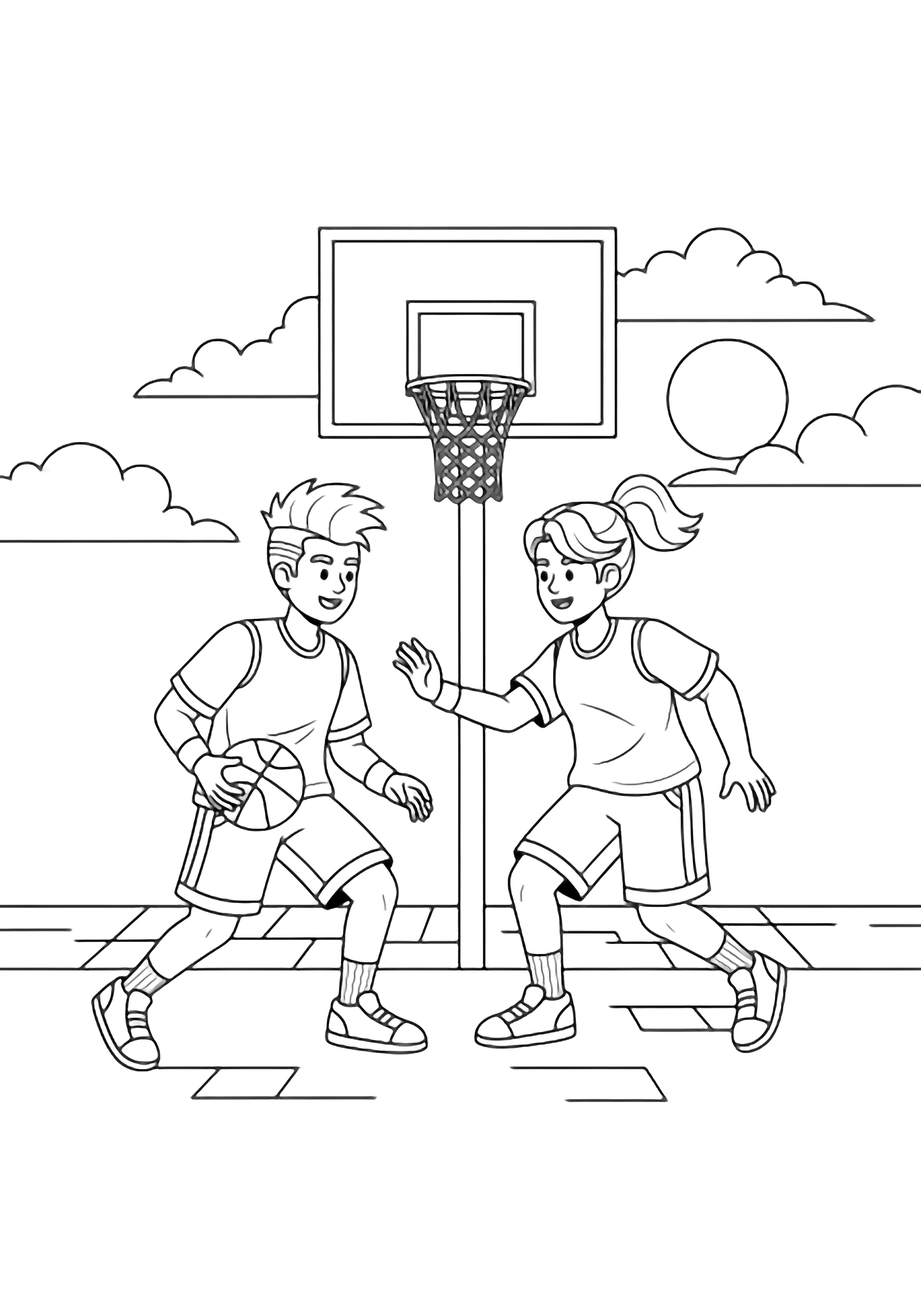Two friends in sporty outfits shoot hoops at a plaza hoop beneath a setting sun and drifting clouds. kleurplaat