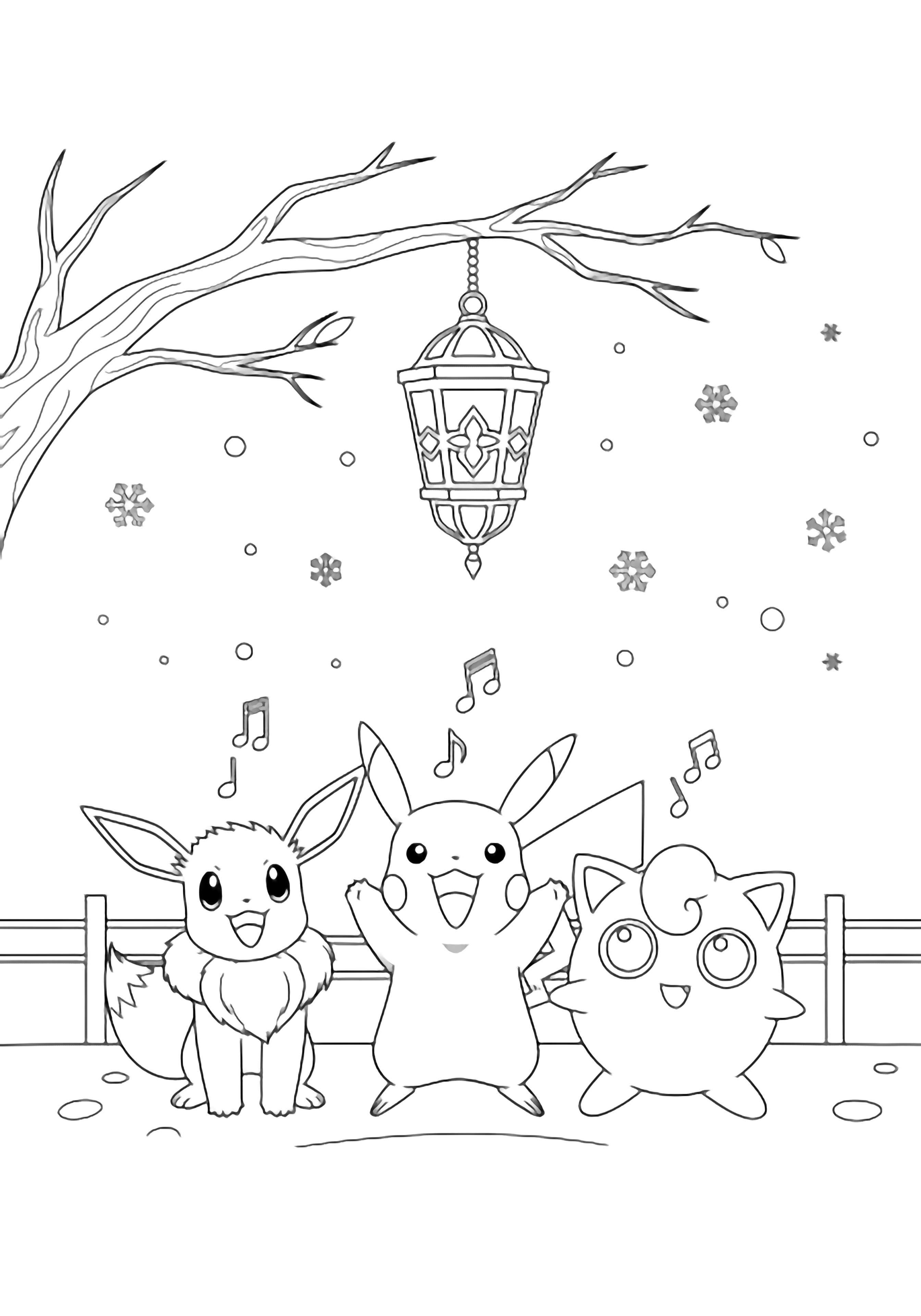 Eevee, Pikachu and Jigglypuff sing together beneath a hanging lantern while snowflakes drift around them near a bare branch and low fence. kleurplaat