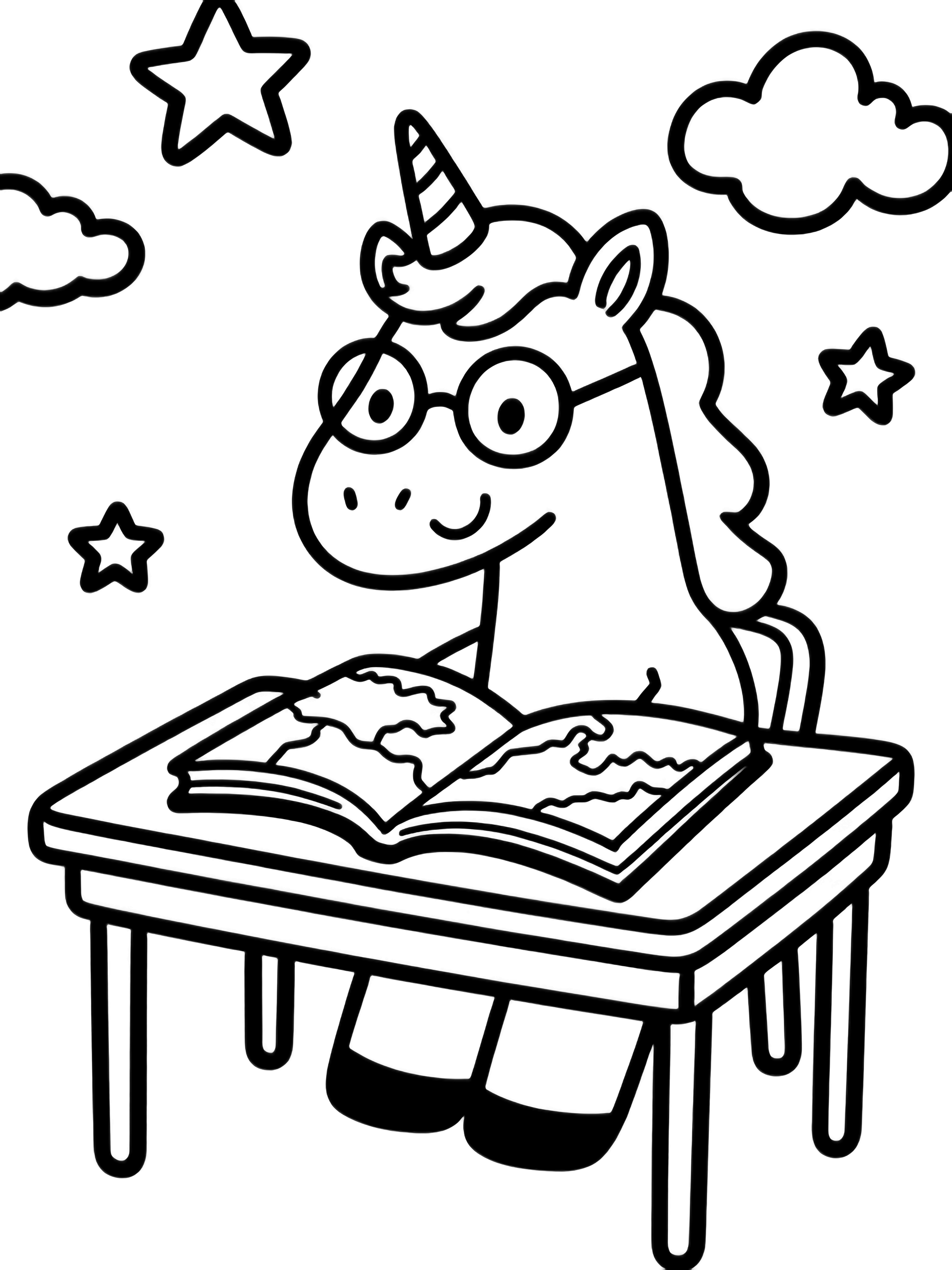 A bespectacled unicorn sits at a tiny desk studying a large open map, with simple stars and clouds floating behind. kleurplaat