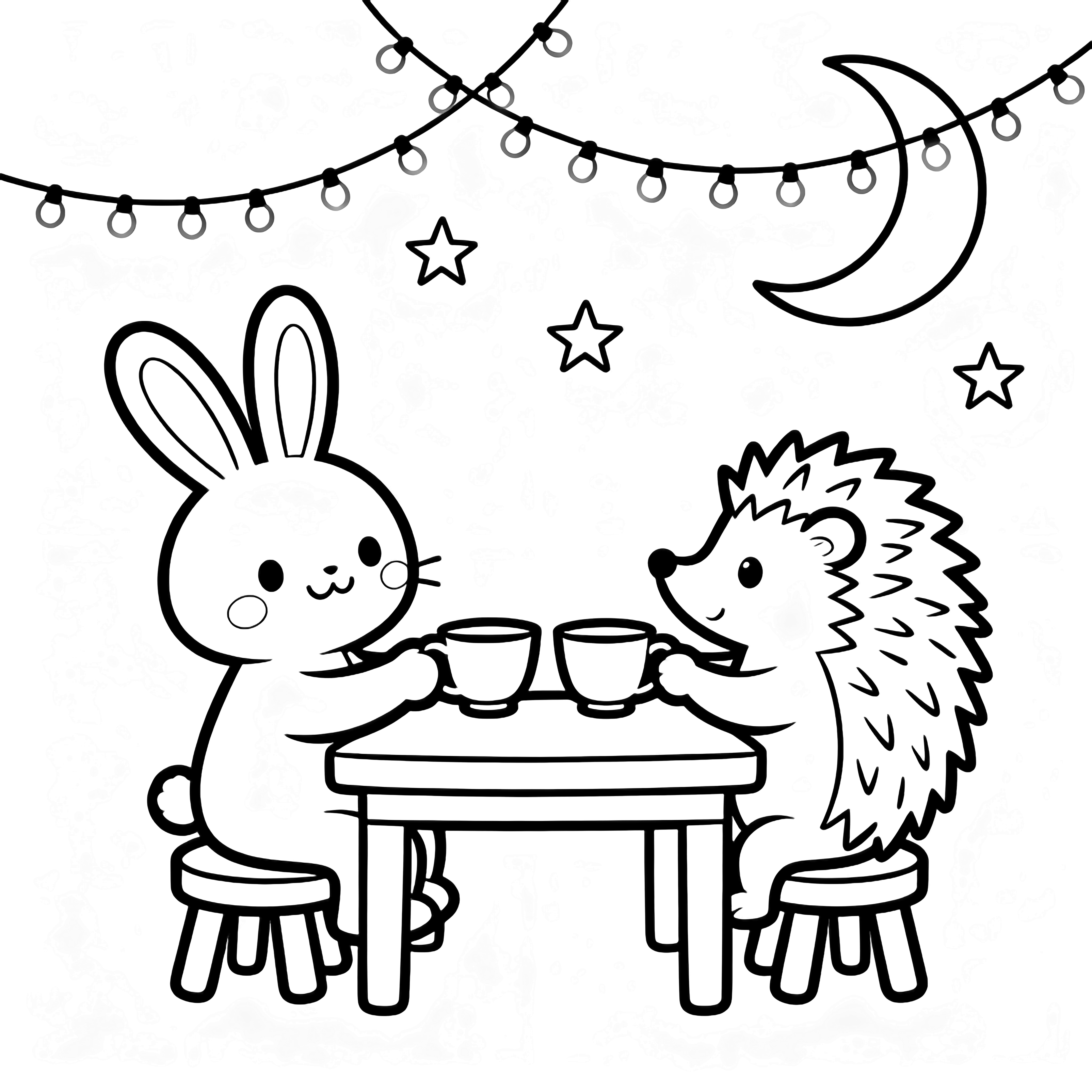 A smiling bunny and hedgehog sit on tiny stools at a low table raising teacups, with looping fairy lights, stars and a crescent moon above. kleurplaat