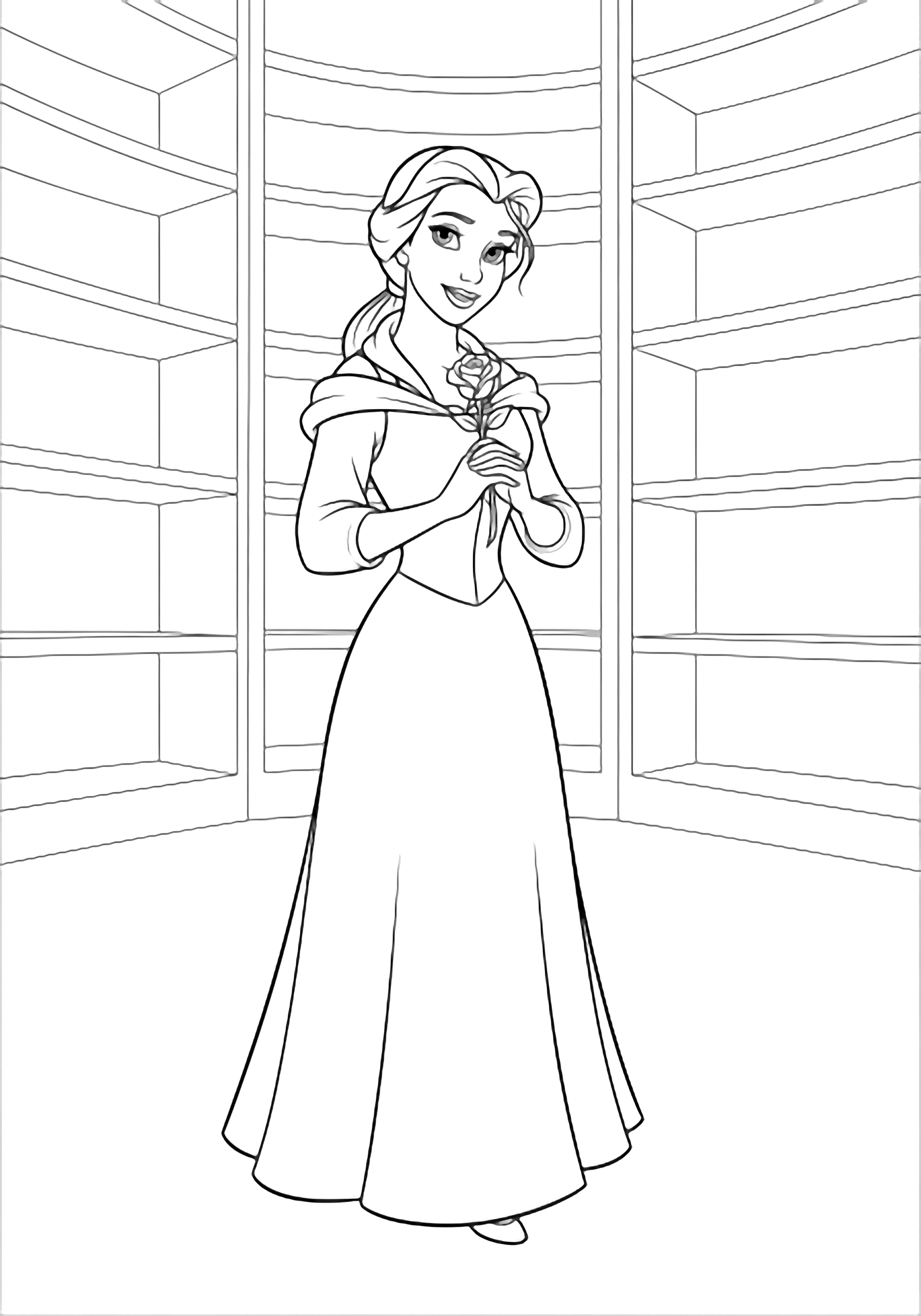 Belle in a simple gown, hair half-up, cradling a rose at her heart, stands before empty library shelves. kleurplaat