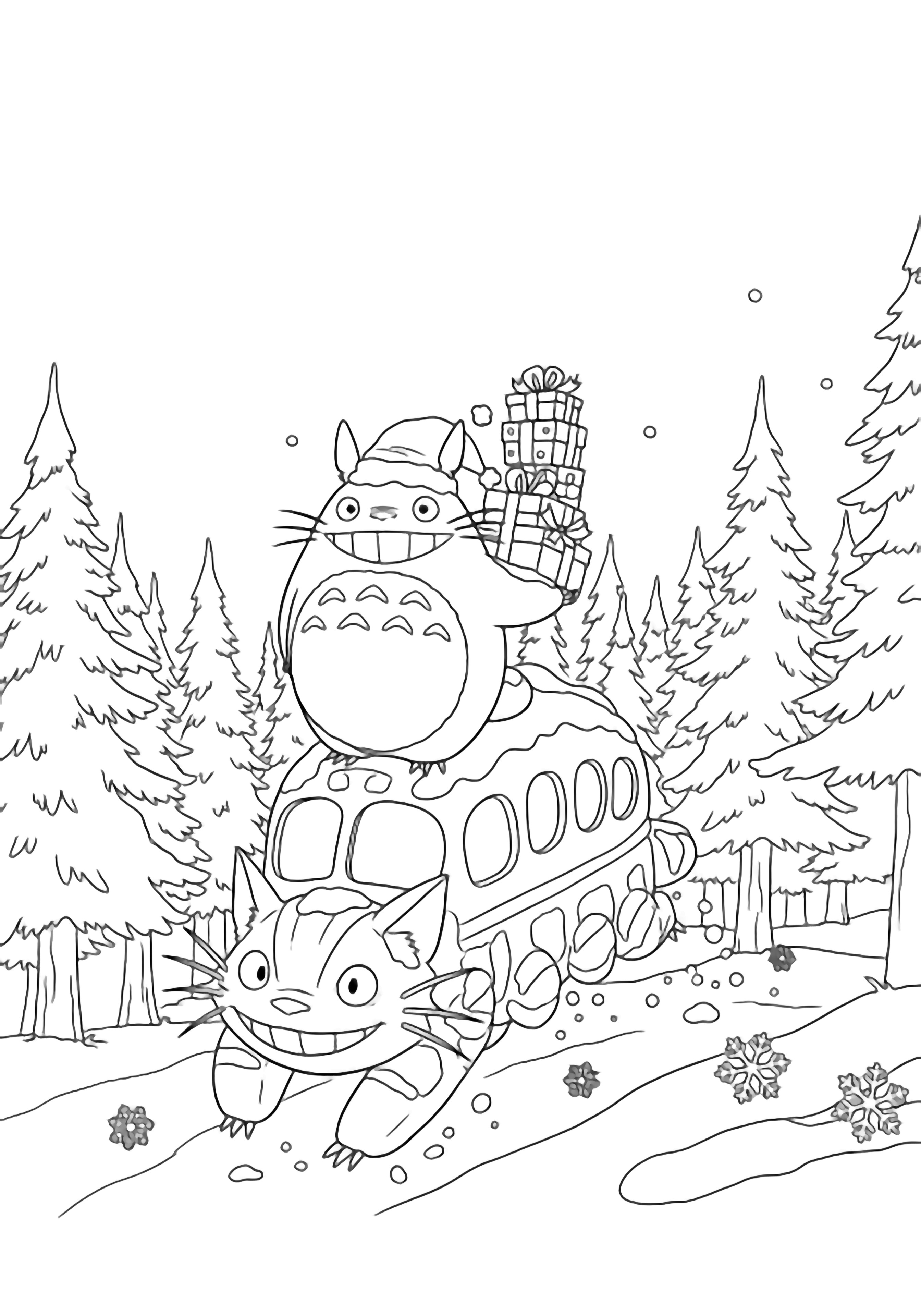 Totoro smiles atop running Catbus, both dusted with snow, dashing among tall pines; he clutches stacked presents while snowflakes drift onto the forest floor. kleurplaat