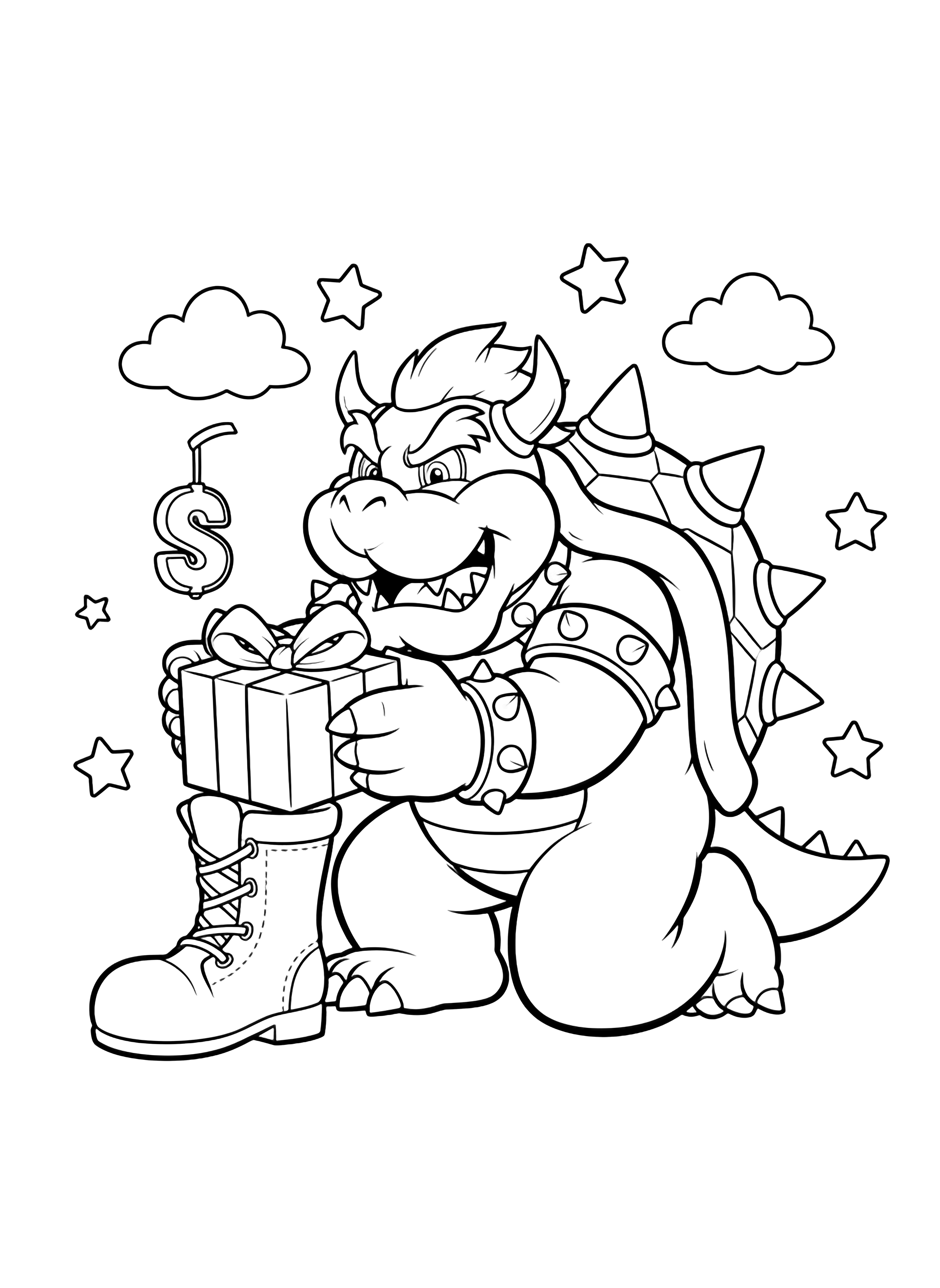 Smiling Bowser kneels, placing a ribbon-tied gift into an open boot, a chocolate letter "S" dangling from his shell, framed by simple stars and clouds. kleurplaat