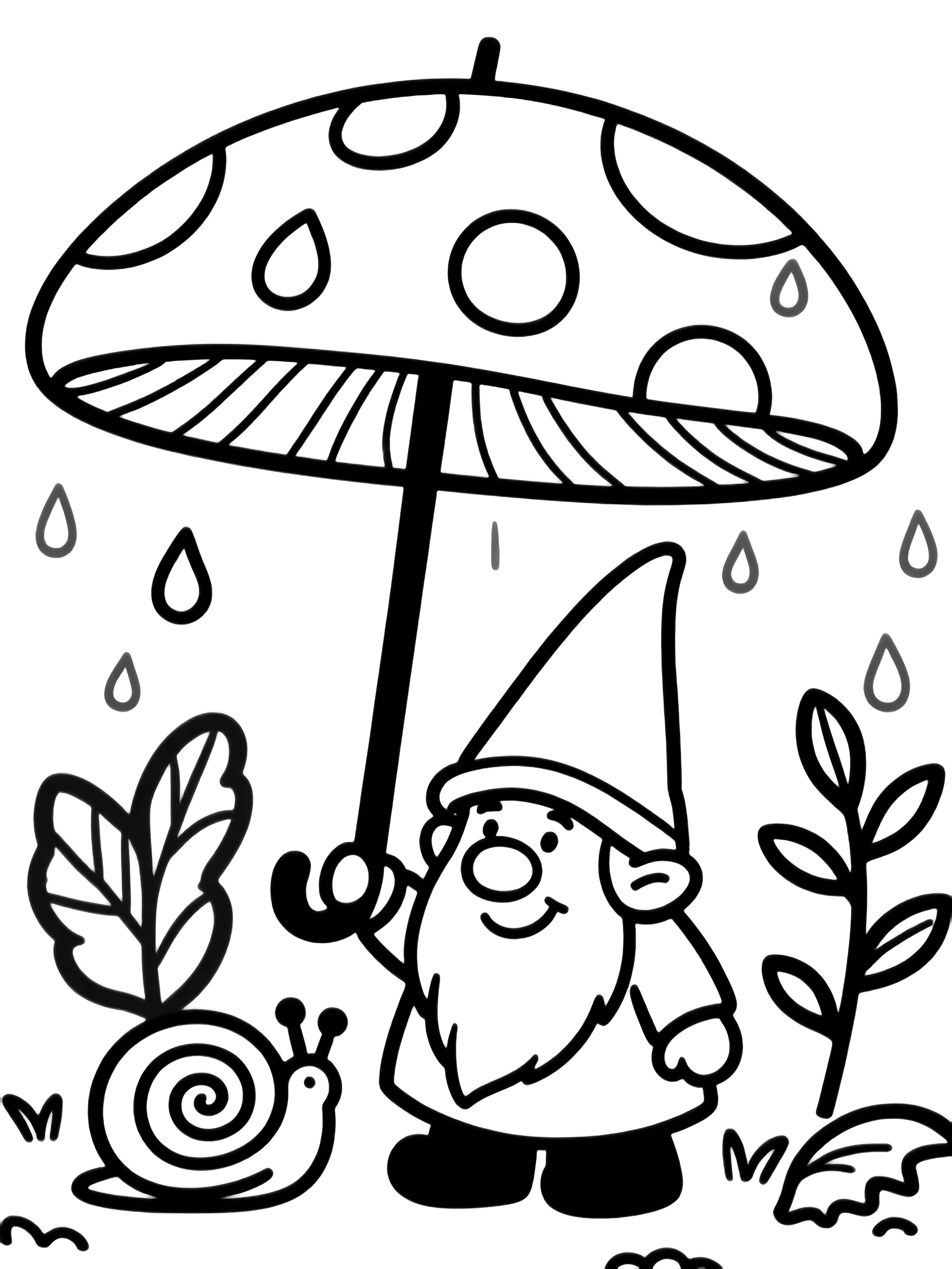 illustration on a A smiling gnome in pointy hat stands beneath a giant toadstool umbrella; raindrops snails with swirly shells simple leaves and sparse forest plants encircle him all in bold black outlines on white clean black kleurplaat