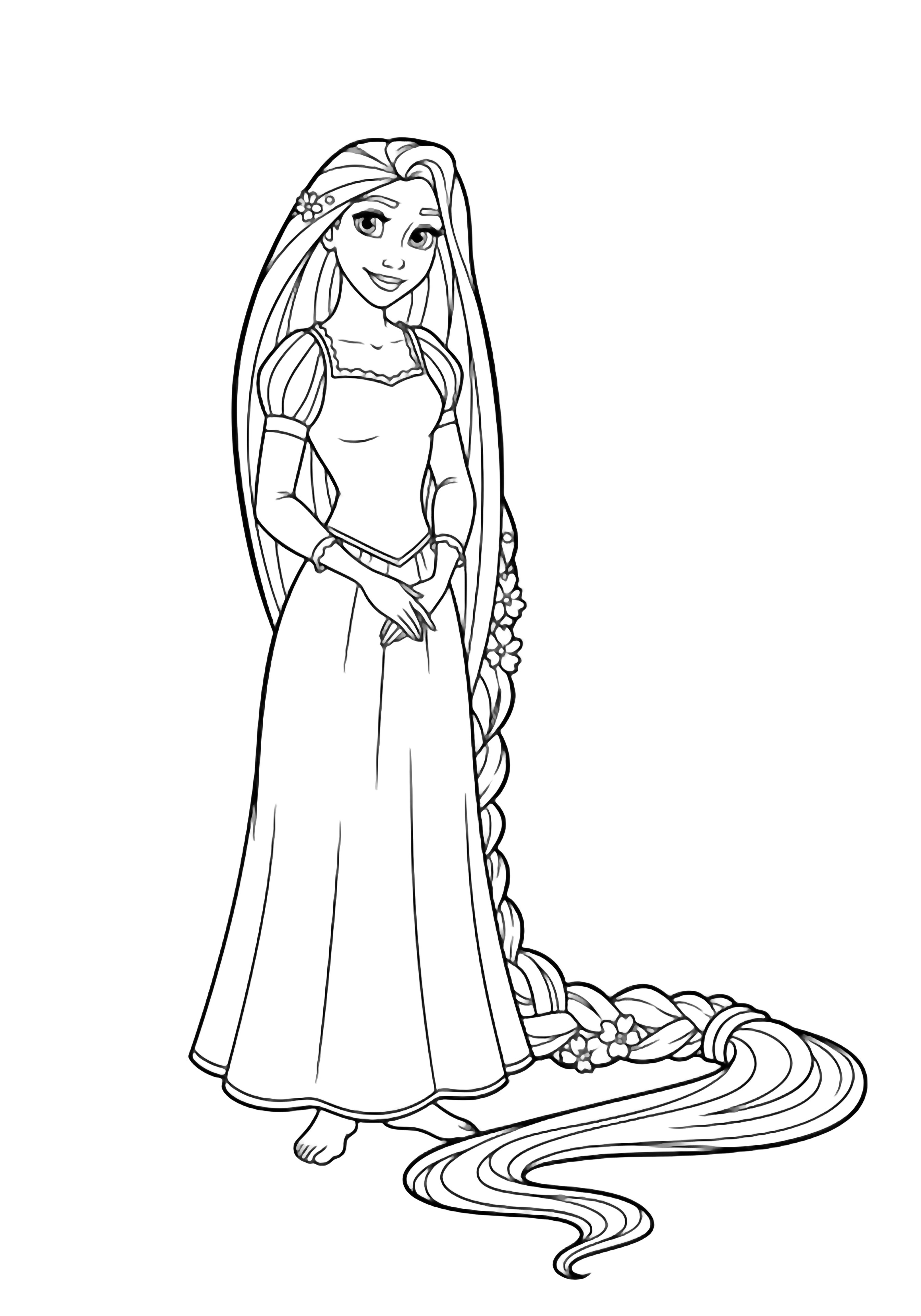 Tall princess with long braided hair stands centered, hands clasped, wearing a simple floor-length dress. kleurplaat