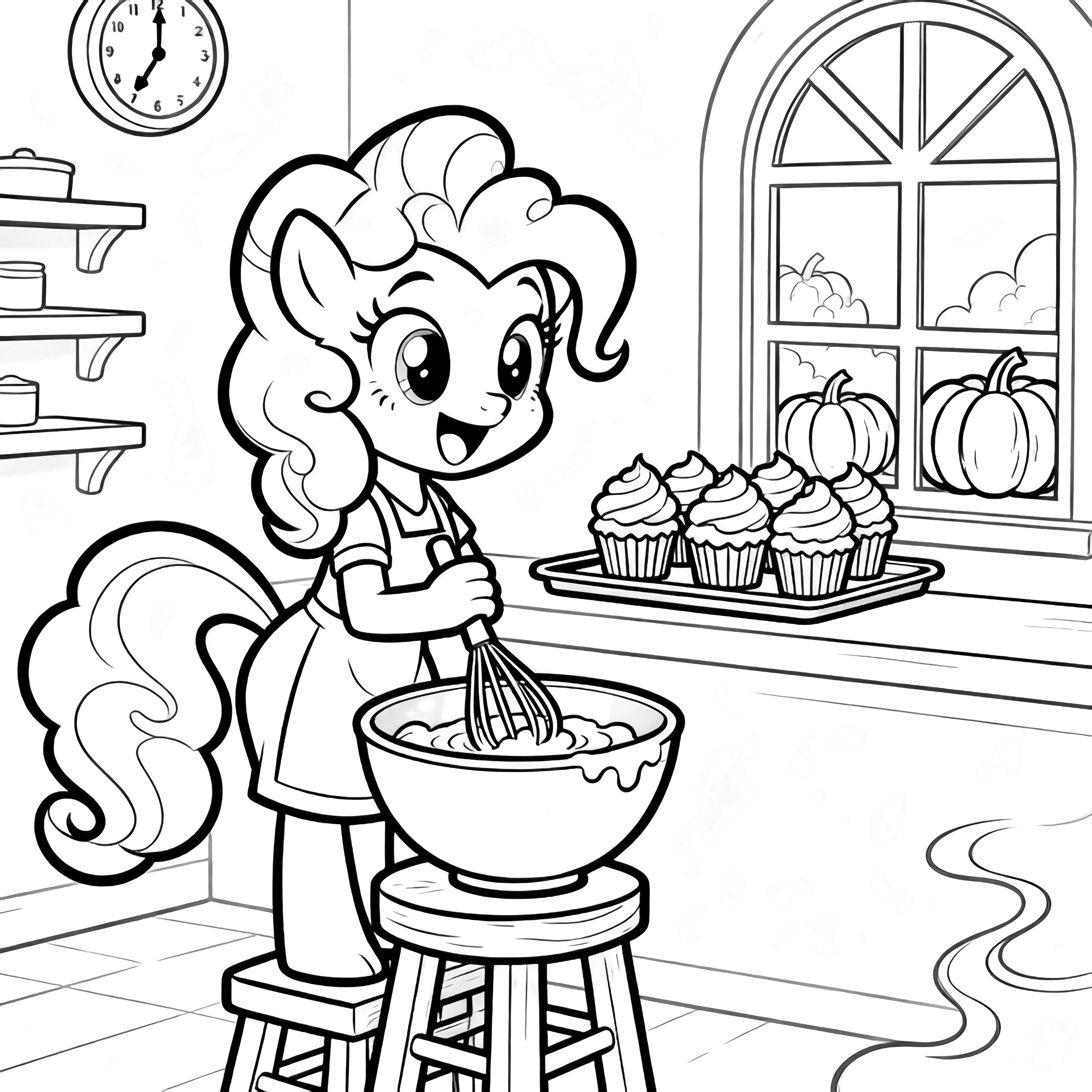Pinkie Pie on a stool whisking batter; tray of tall cupcakes, pumpkins outside window, shelves, clock, curly steam kleurplaat