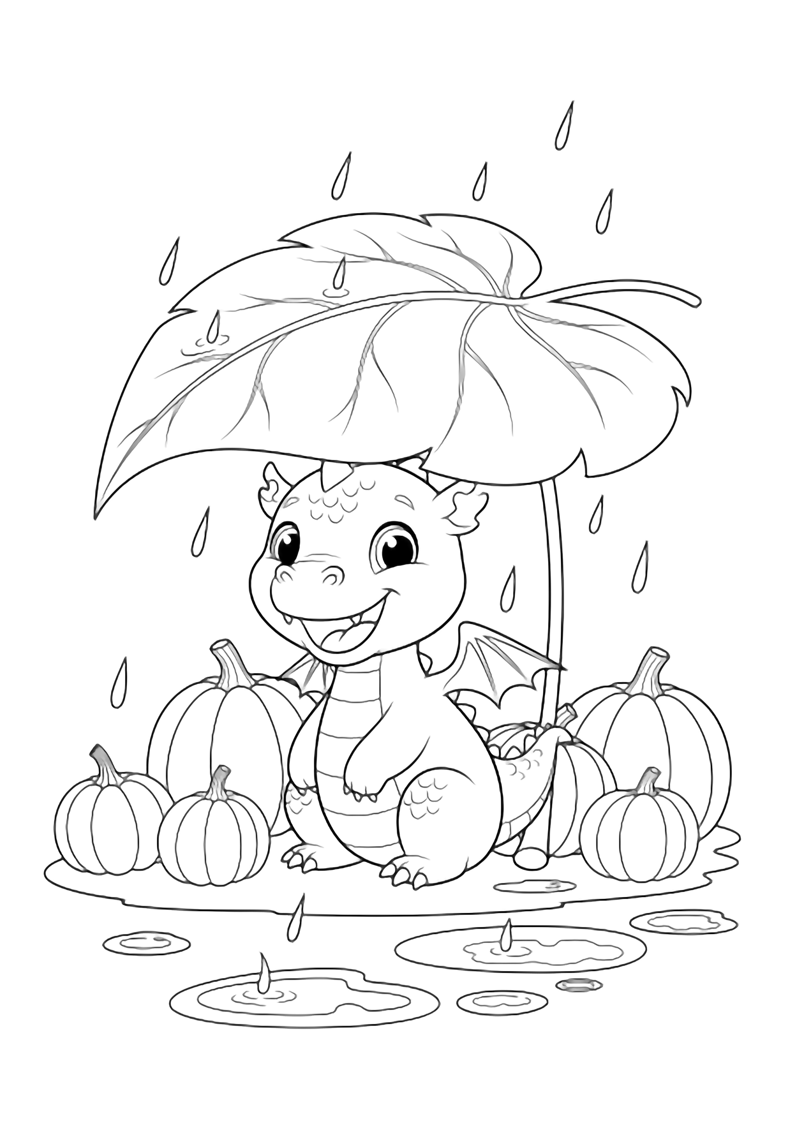 A smiling baby dragon crouches under a huge leaf umbrella while pumpkins rest on the ground, raindrops fall, and puddles spread across the scene. kleurplaat