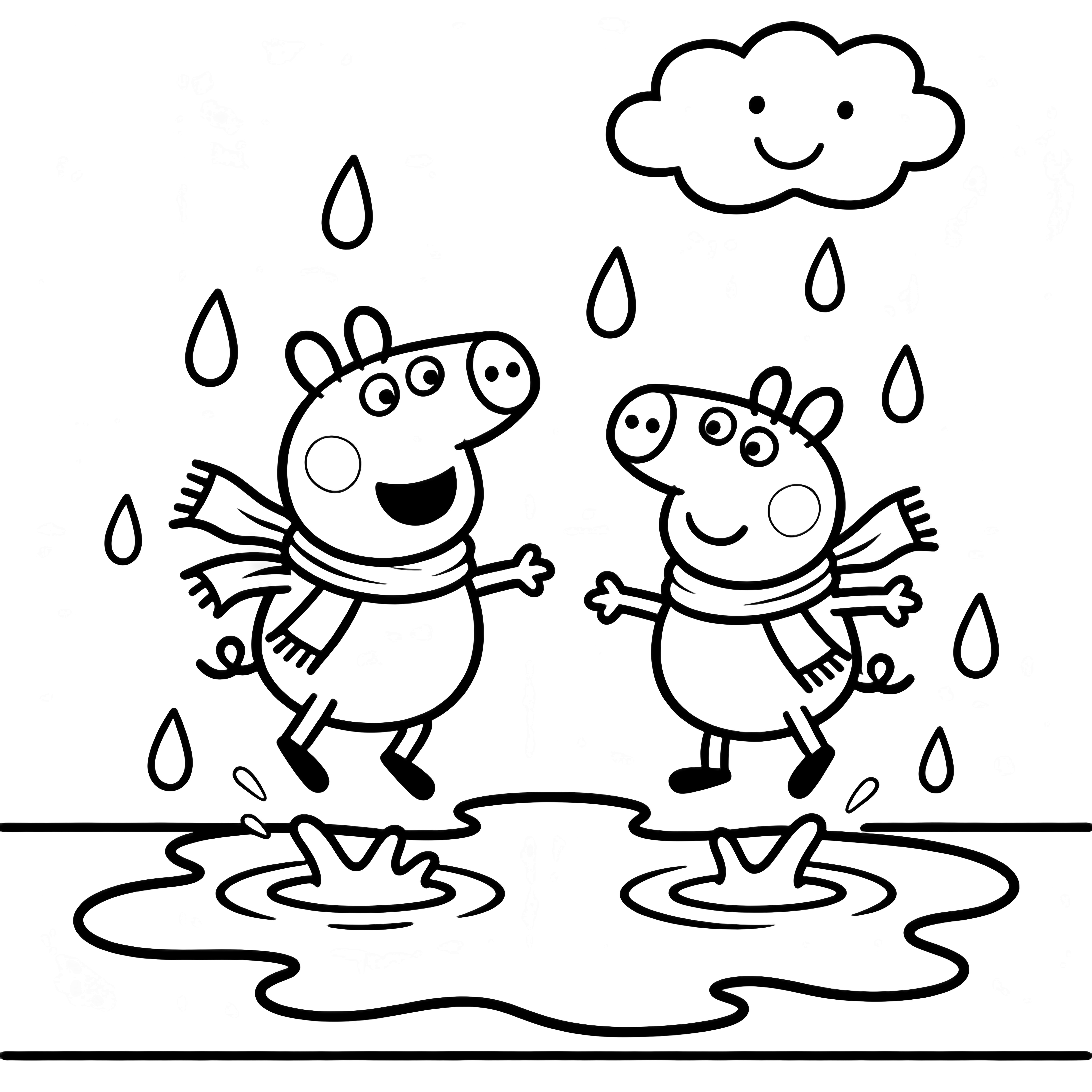 Peppa and George Pig jump together into a big puddle, scarves flying, raindrops falling, cheerful cloud overhead. kleurplaat