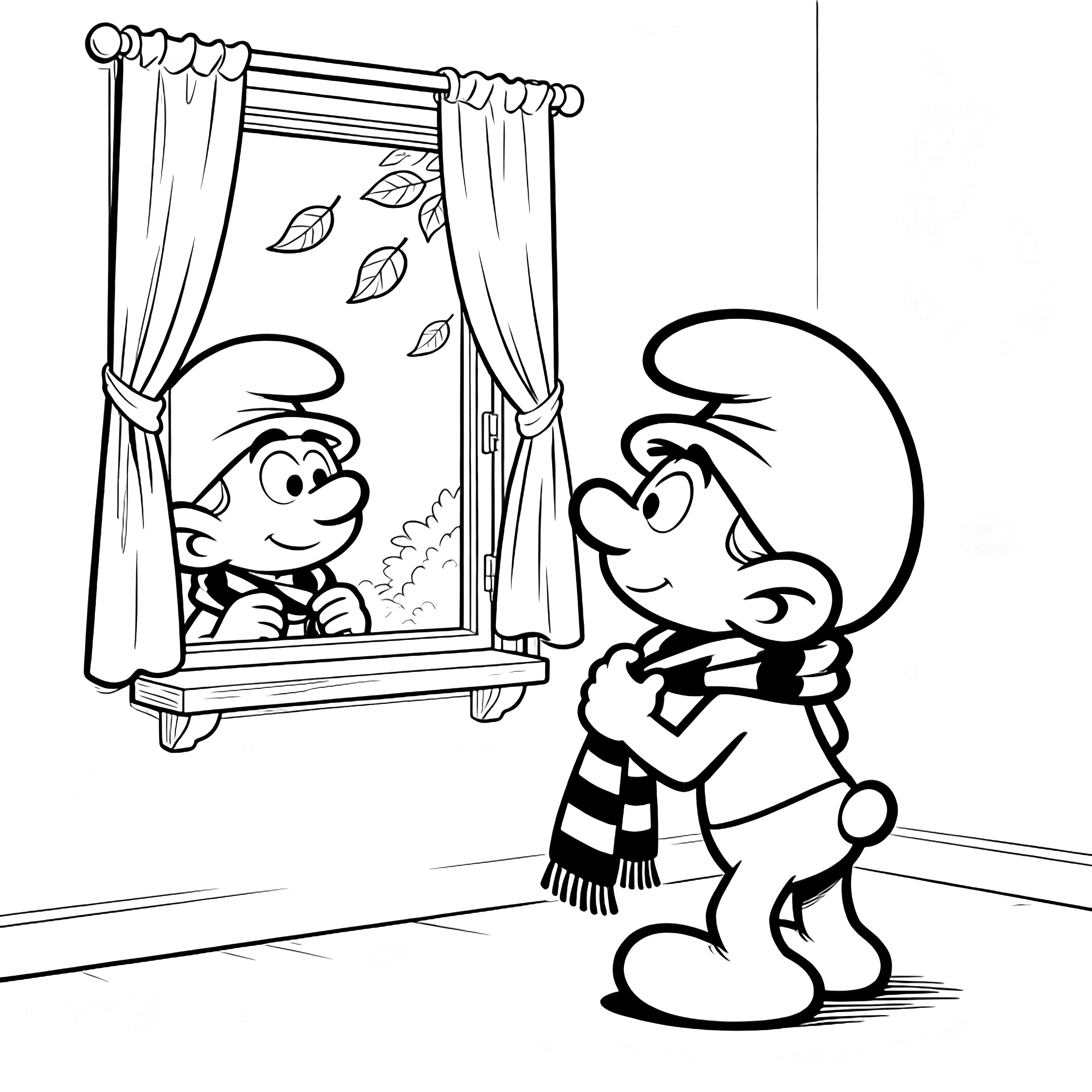 Vanity Smurf stands at an open window, adjusting a striped scarf while gazing into a tall mirror; curtains flutter and leaves drift outside. kleurplaat