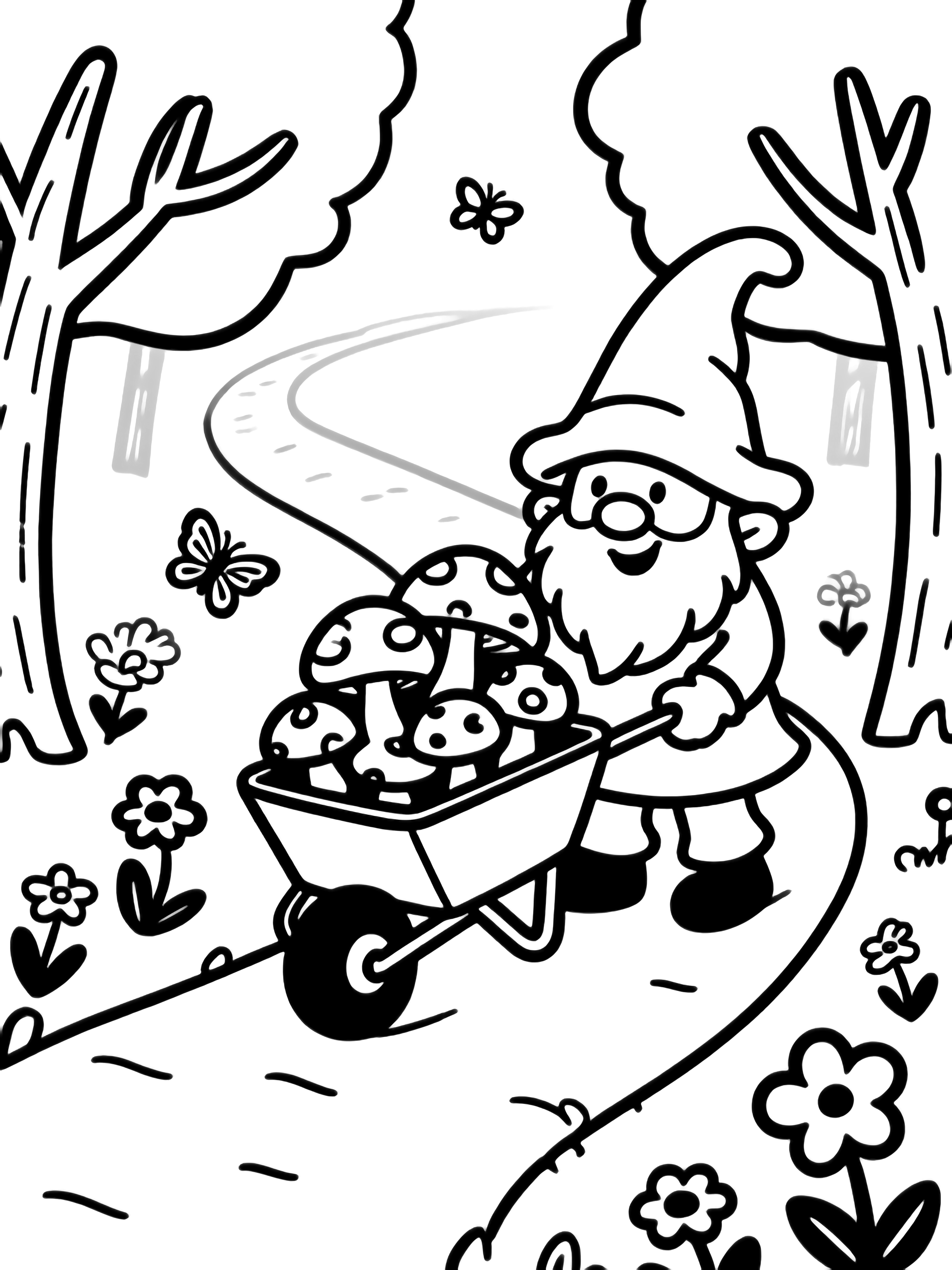 Cheerful gnome in floppy hat pushing wheelbarrow of big mushrooms along winding forest path with trees, flowers, butterflies. kleurplaat