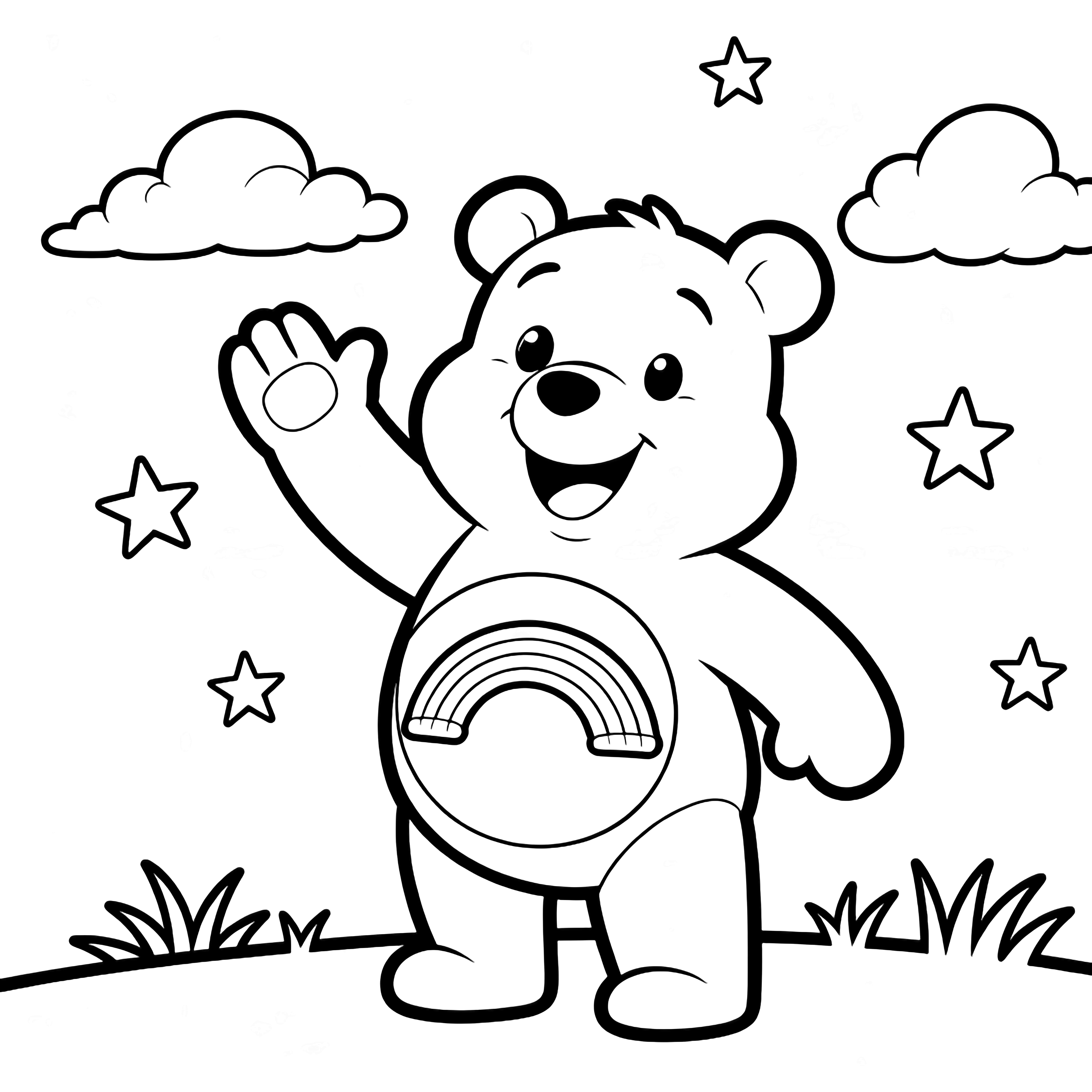 A smiling Care Bear waves while clouds, stars, and a rainbow-striped belly badge float above a single grass line. kleurplaat