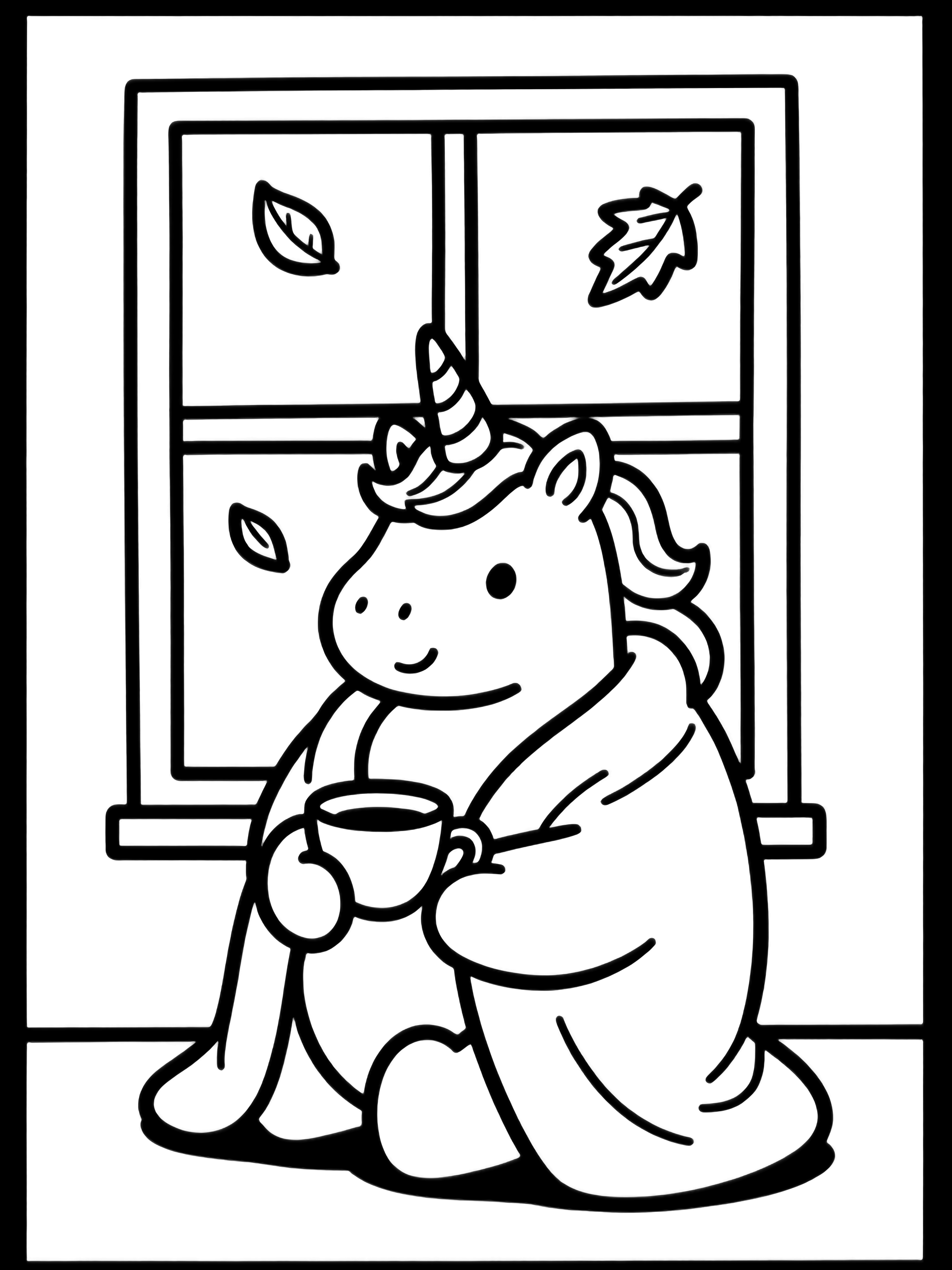 A plump baby unicorn with curly mane sits wrapped in a blanket, clutching a tiny teacup while autumn leaves drift past a simple window. kleurplaat