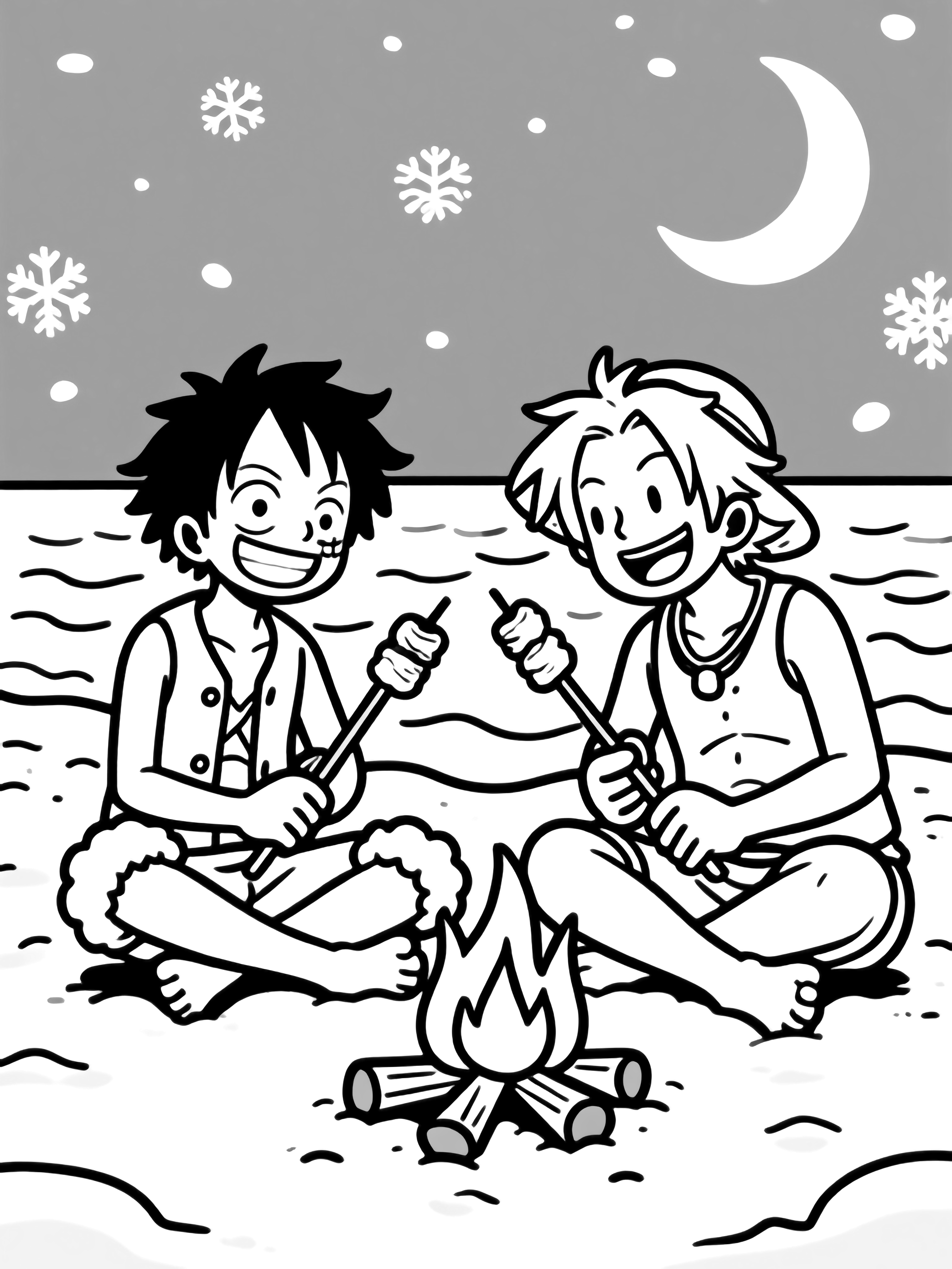 Luffy and Ace sit cross-legged on snowy sand, toasting marshmallows over a campfire, with waves, snowflakes, and a crescent moon around them. kleurplaat