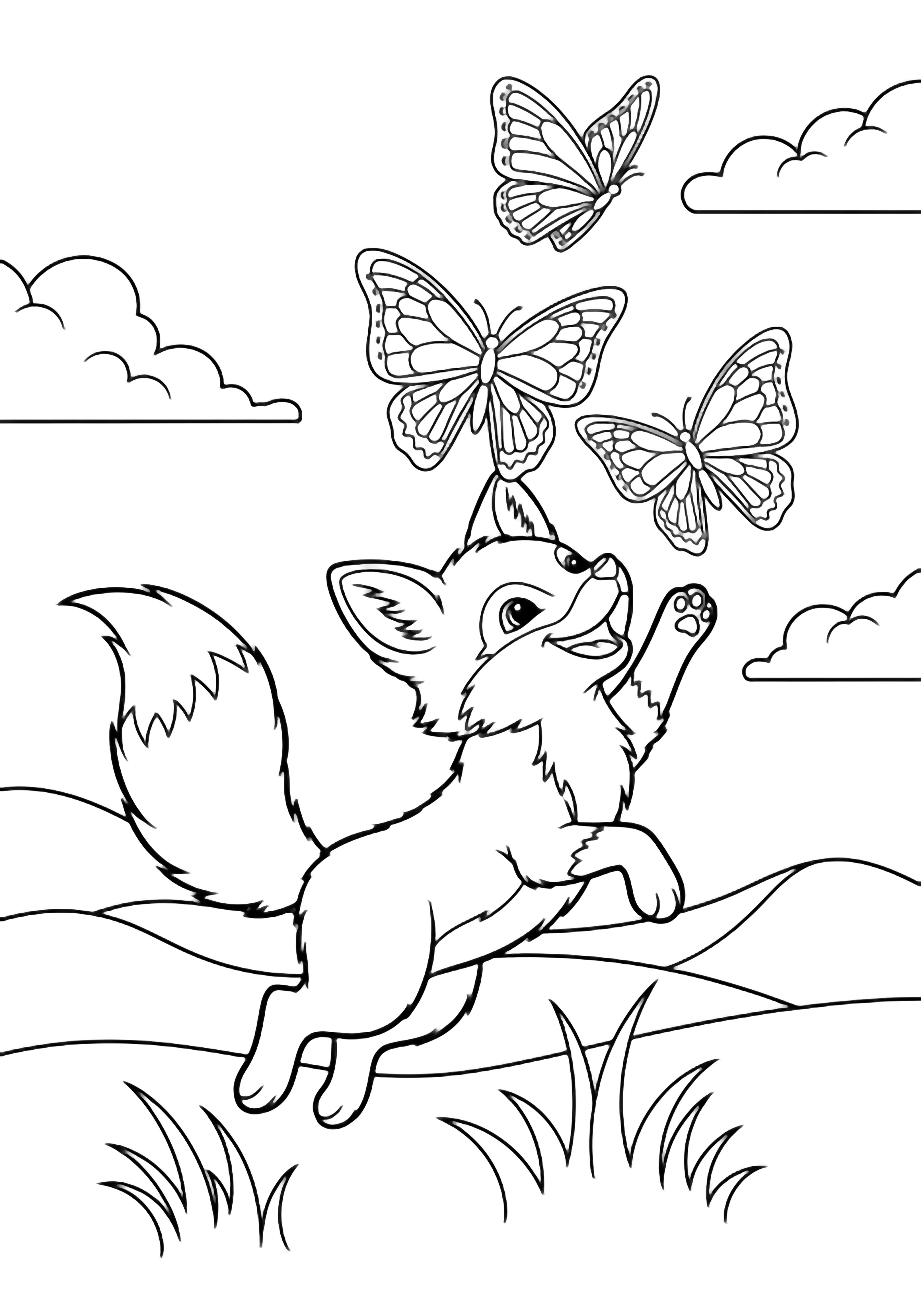 A playful fox cub leaps toward three butterflies above wavy grass, with simple hills and clouds behind. kleurplaat