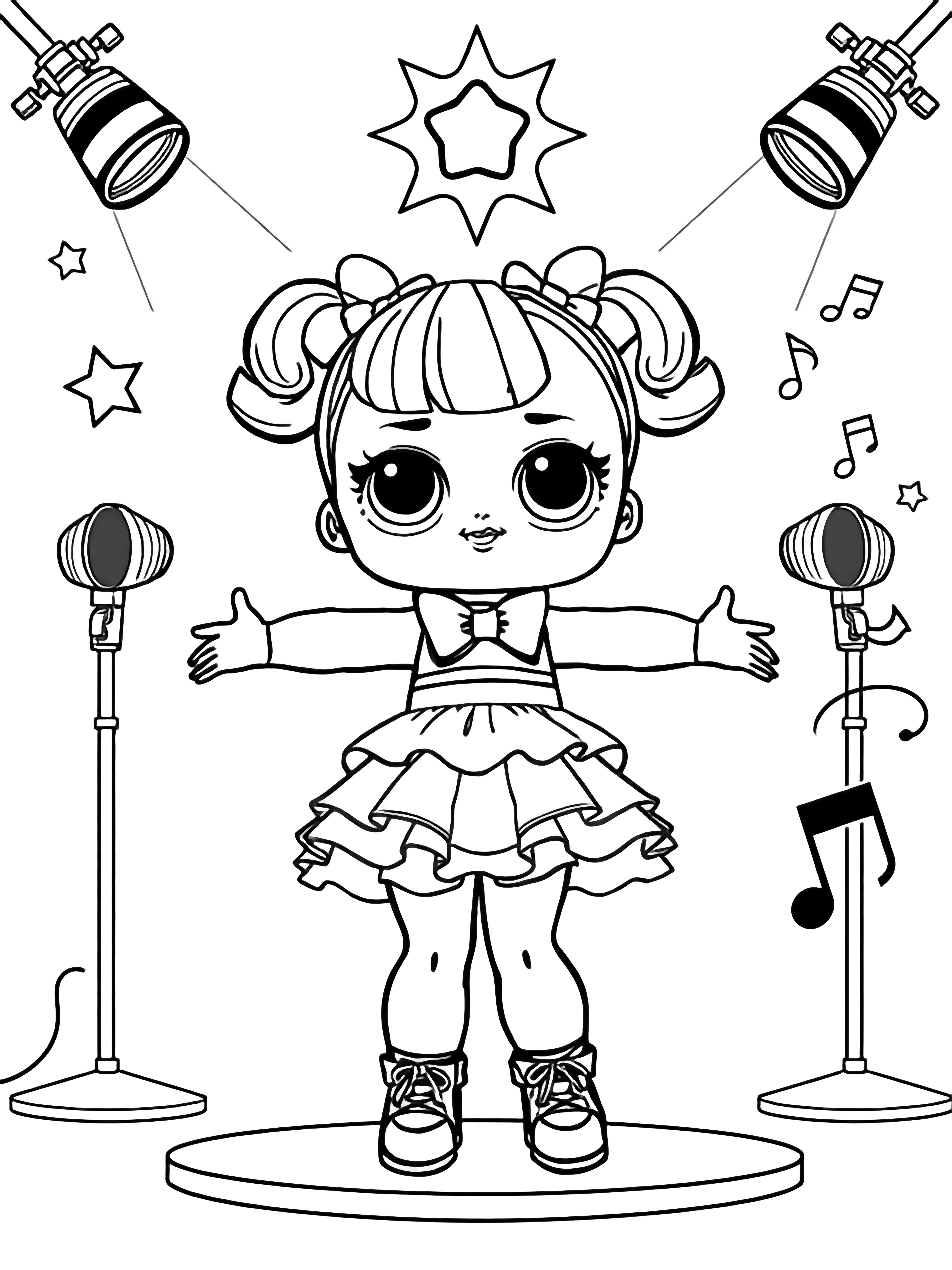 illustration on a A LOL Surprise doll stands center stage arms wide wearing a layered dress and bow; large starry spotlights floating microphones and swirling notes frame her all in bold black outlines on white clean black kleurplaat
