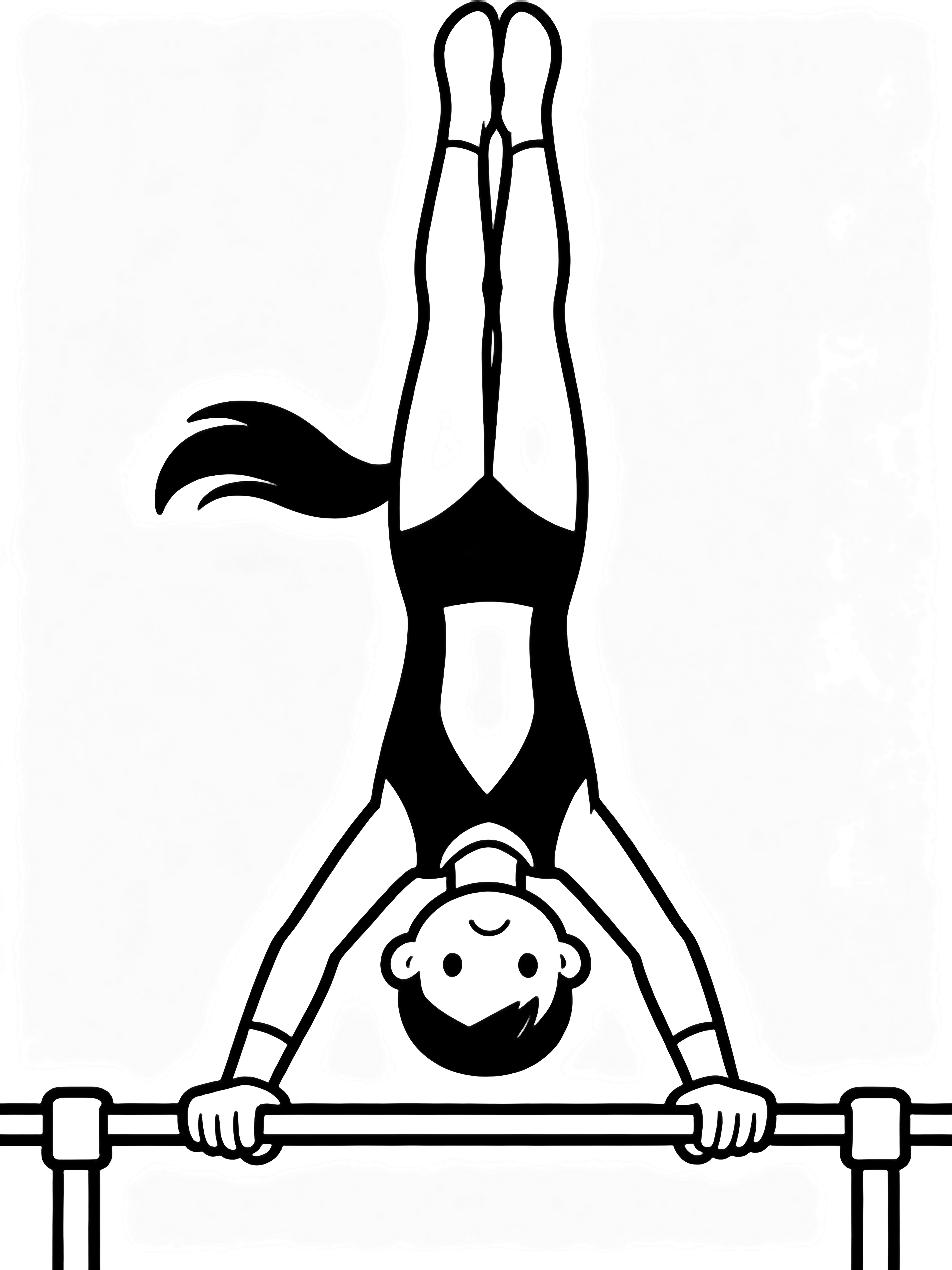 A smiling gymnast in a leotard performs a pike hang on parallel bars, ponytail flowing, legs lifted parallel. kleurplaat