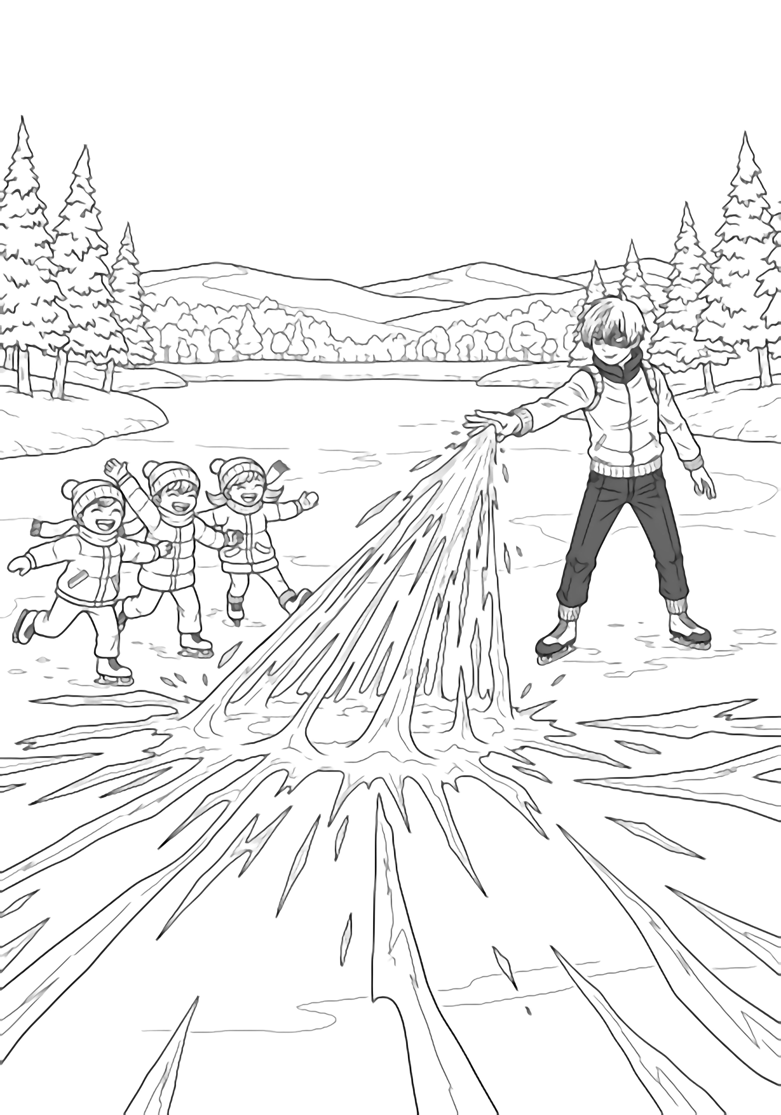 Todoroki stands center, right palm spraying jagged ice across a pond; three laughing kids skate on the frozen side, snow-dusted trees and distant hills framing the scene. kleurplaat