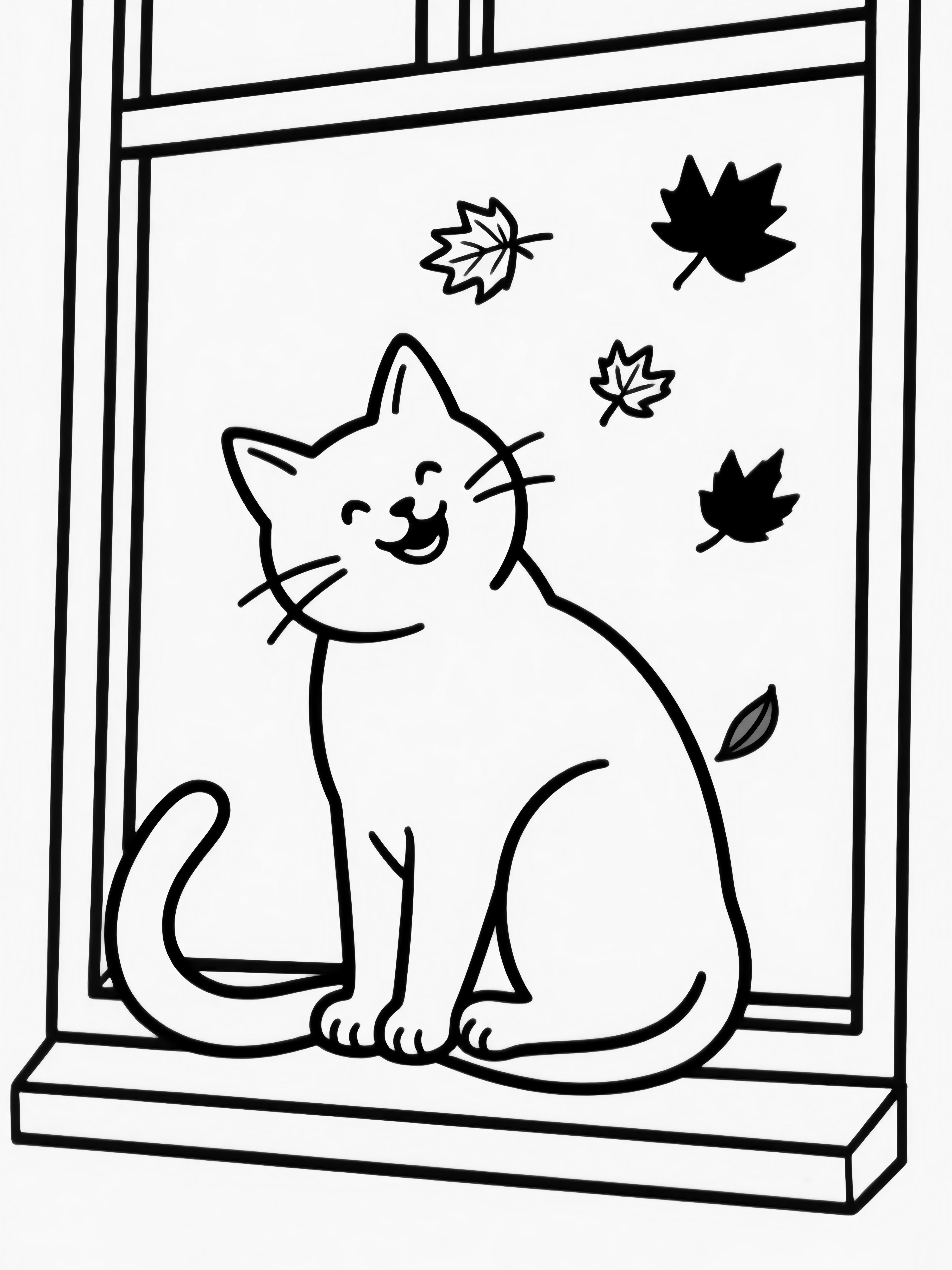 A content cat perches on a slim sill, tail curled round its paws; beyond the panes, six maple leaves drift toward the ground. kleurplaat