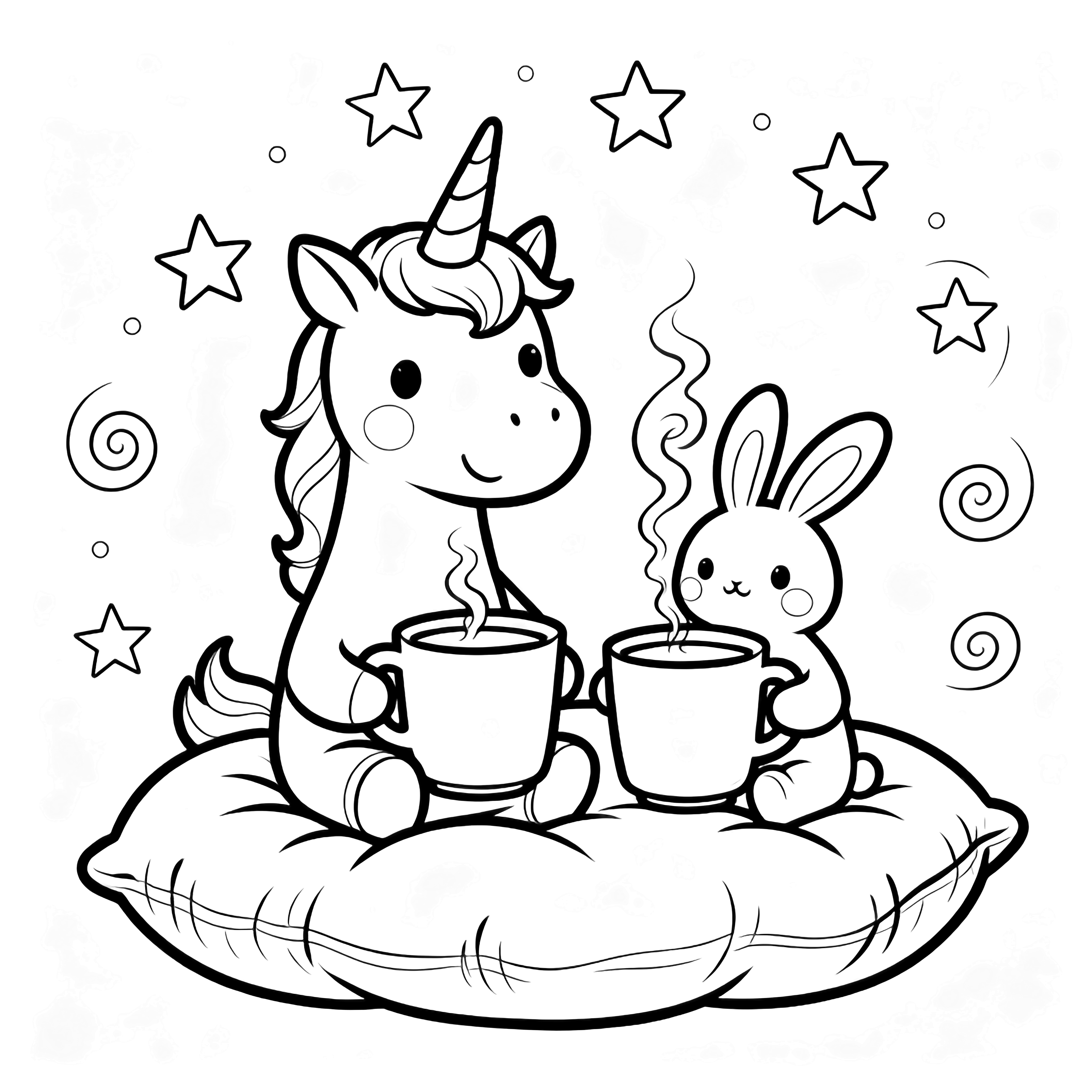 A smiling unicorn and a tiny bunny sit on plump pillows, each holding a steaming mug, surrounded by stars and swirls. kleurplaat