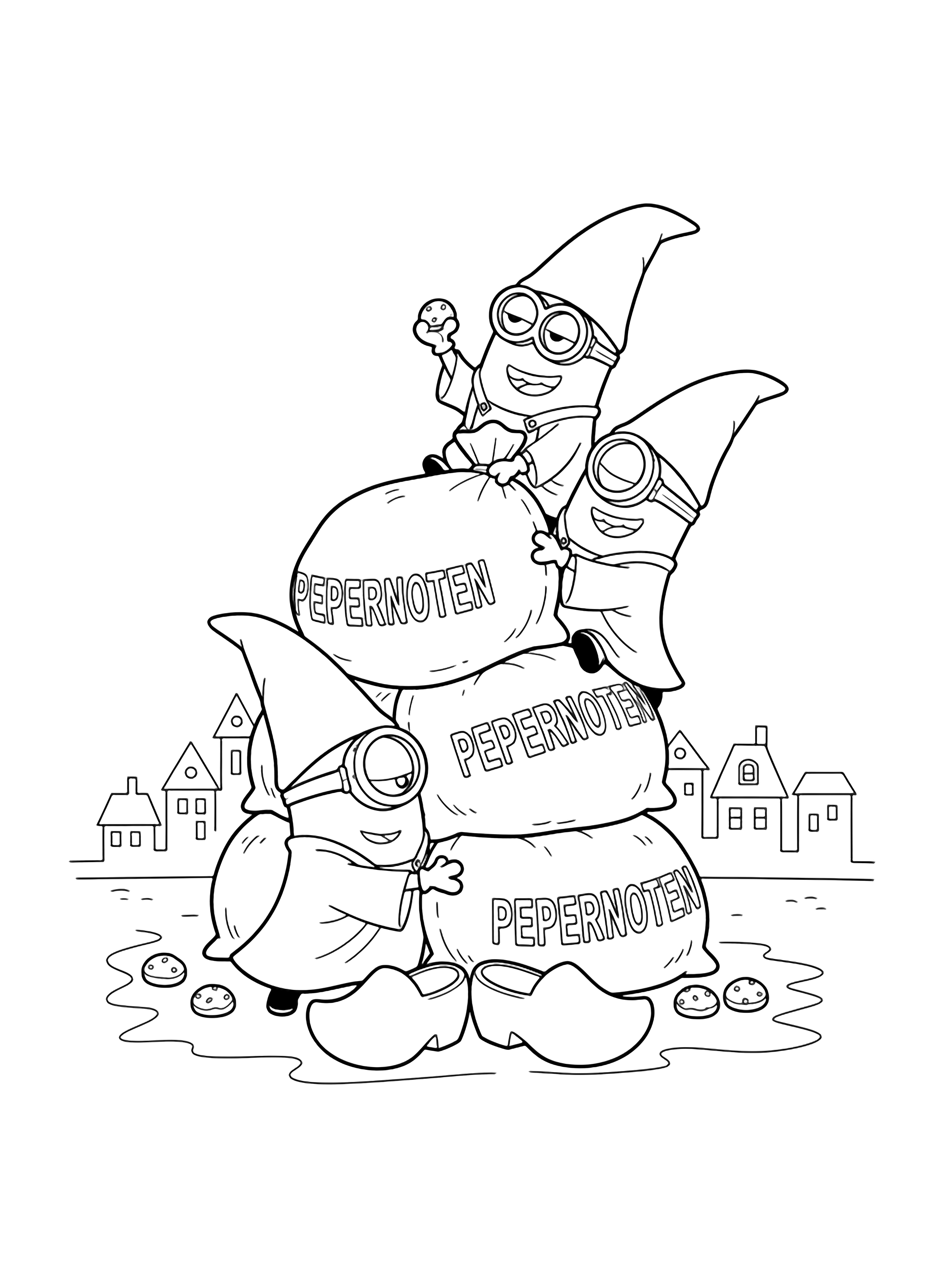 Three Minions in pointed caps stack tall sacks of pepernoten, wearing robes, holding cookies, smiling beside empty boots on a simple ground with a distant outlined town. kleurplaat