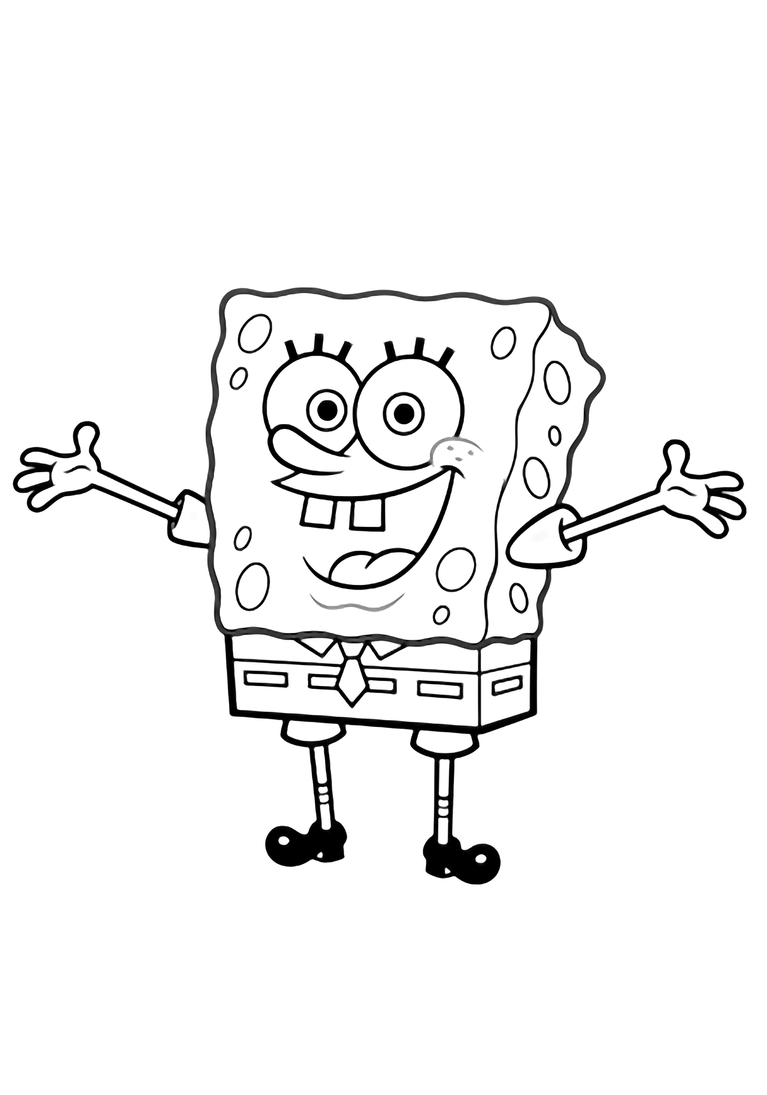 SpongeBob stands centered, arms spread in welcome, wearing square pants, collar and tie, socks and shoes. kleurplaat