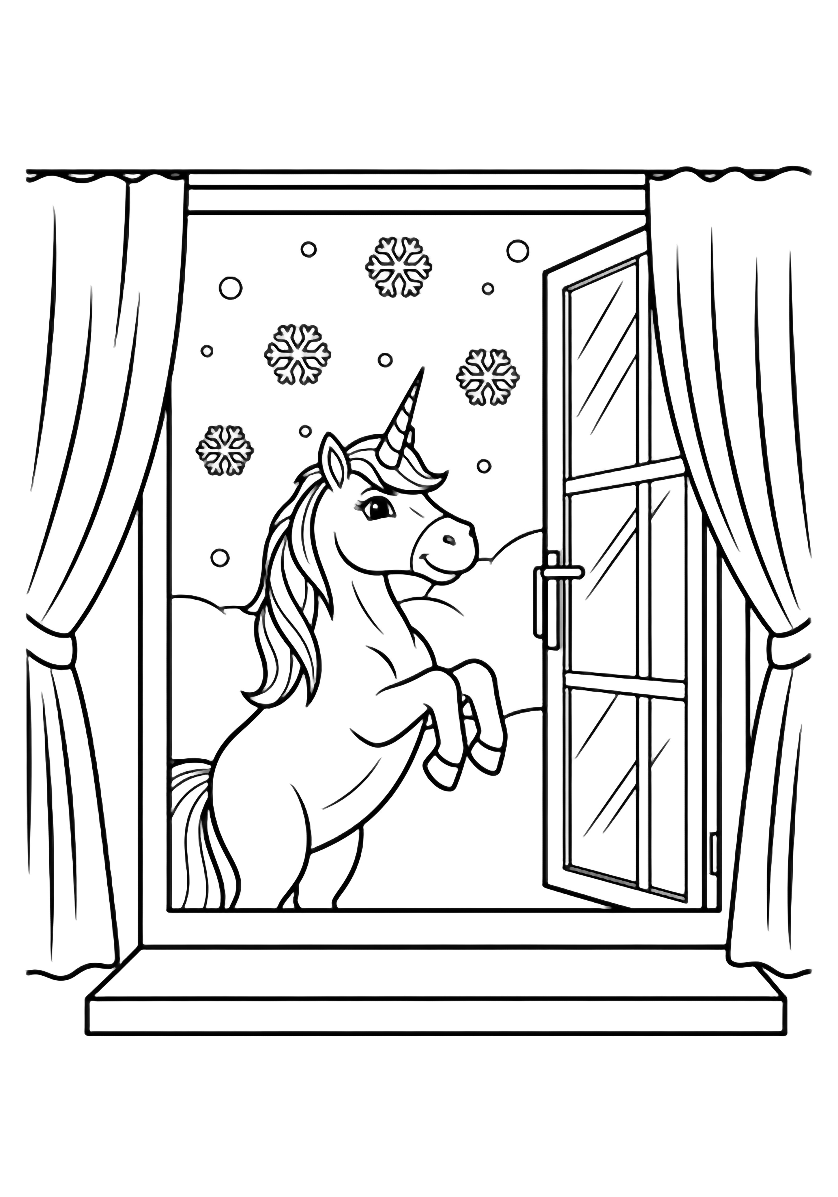 A unicorn rears up at an open window, smiling through drifting snowflakes framed by curtains and a wide sill. kleurplaat