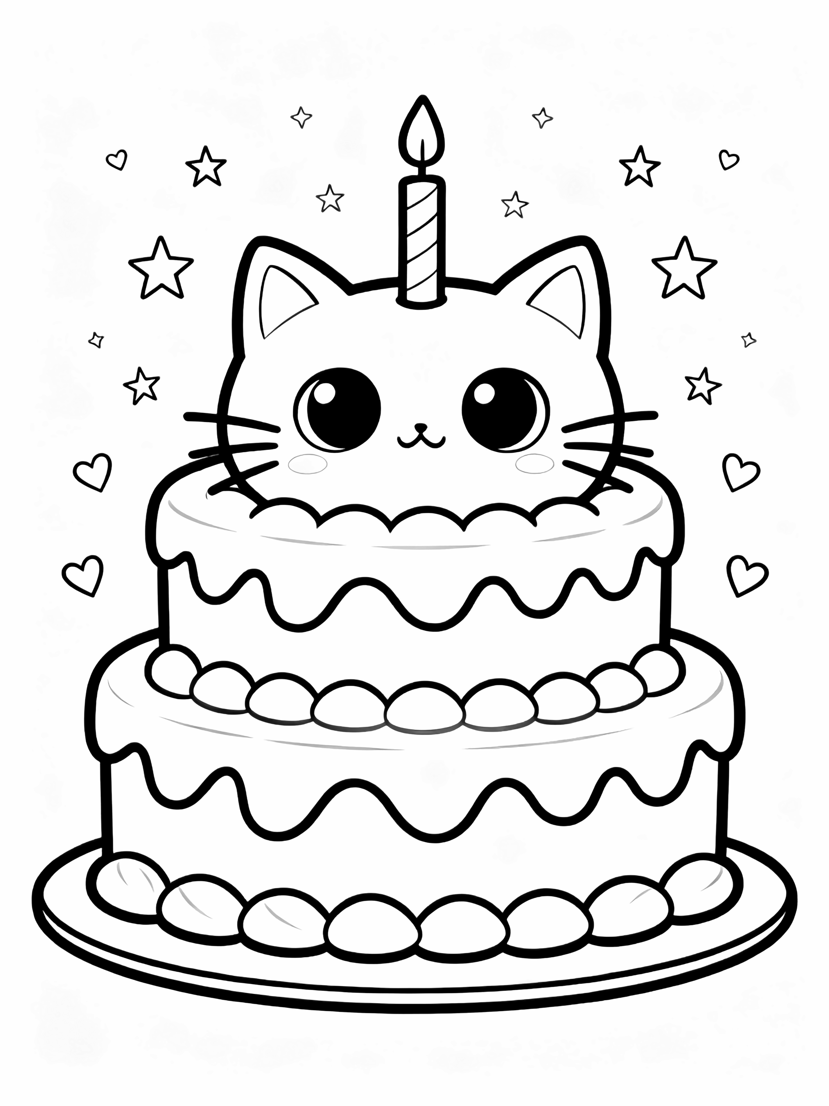 Een schattige katten-thema taart met grote ogen, snorharen, kleine oortjes, drie ronde lagen, golvende glazuur, één kaarsje, kleine sterretjes en hartjes die rondzweven. kleurplaat
