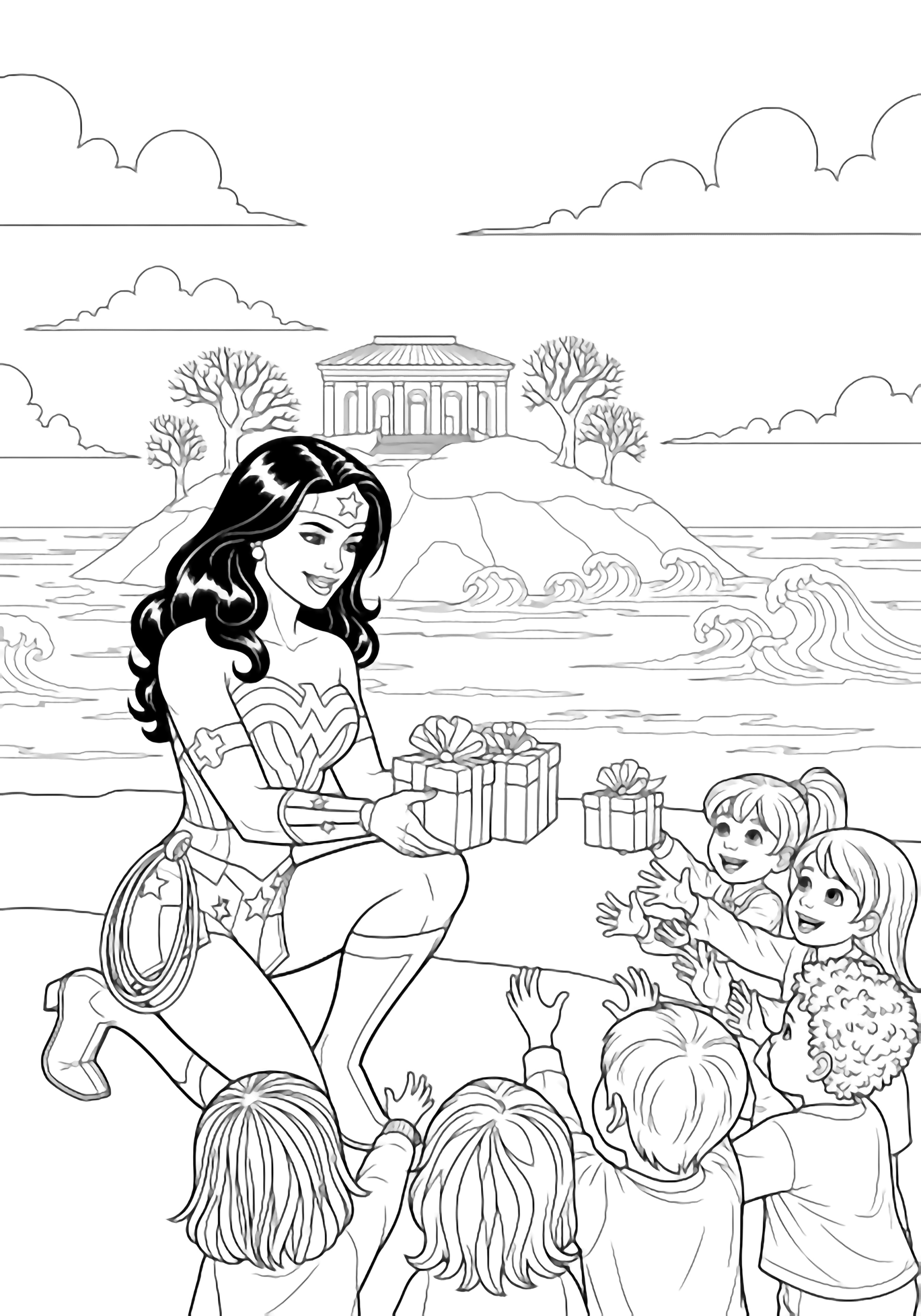 Wonder Woman kneels, smiling, handing wrapped gifts to joyful children on a snowy island with a temple, bare trees, gentle waves, and fluffy clouds. kleurplaat