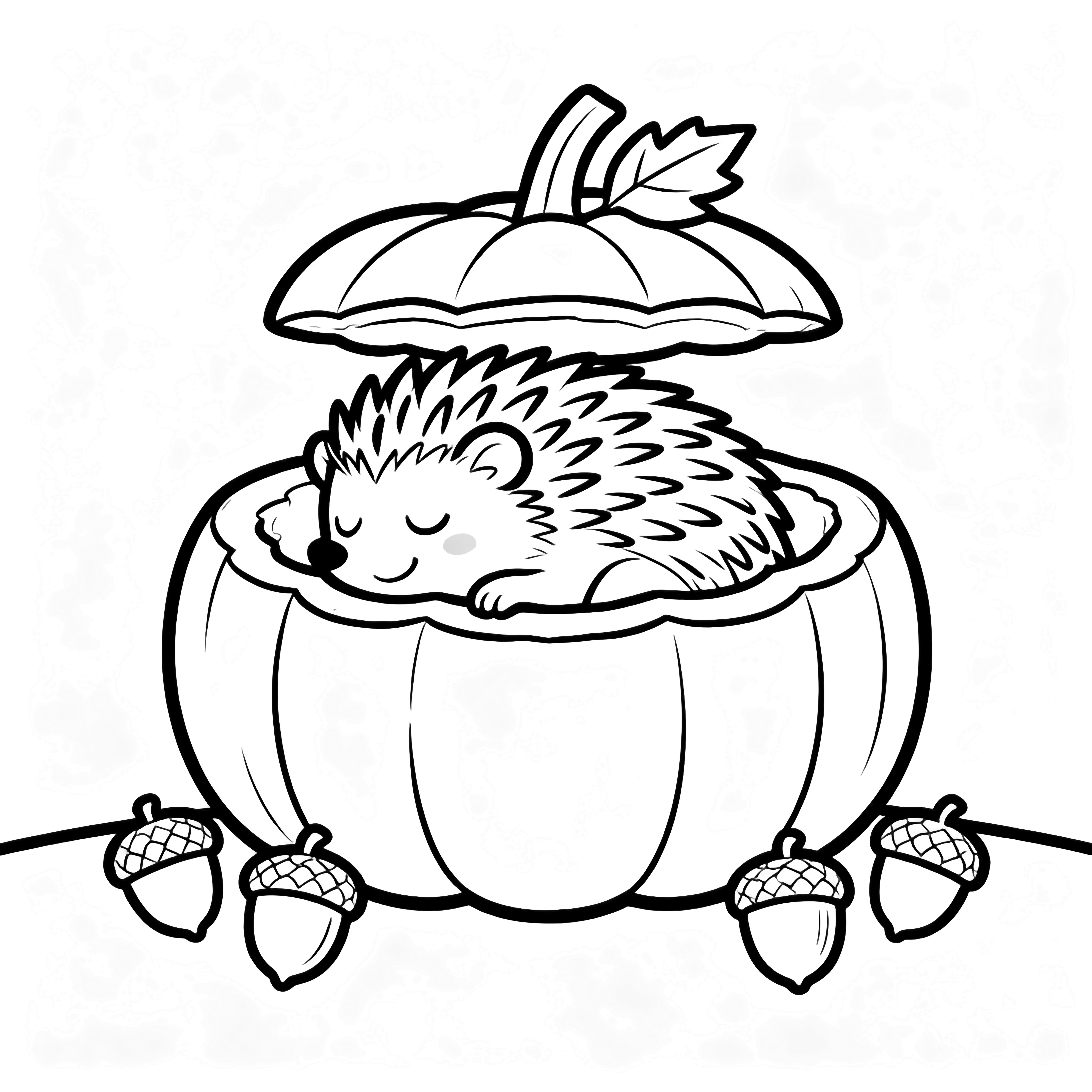 A sleeping hedgehog smiles inside an open pumpkin, encircled by five acorns and a simple leaf on the ground. kleurplaat