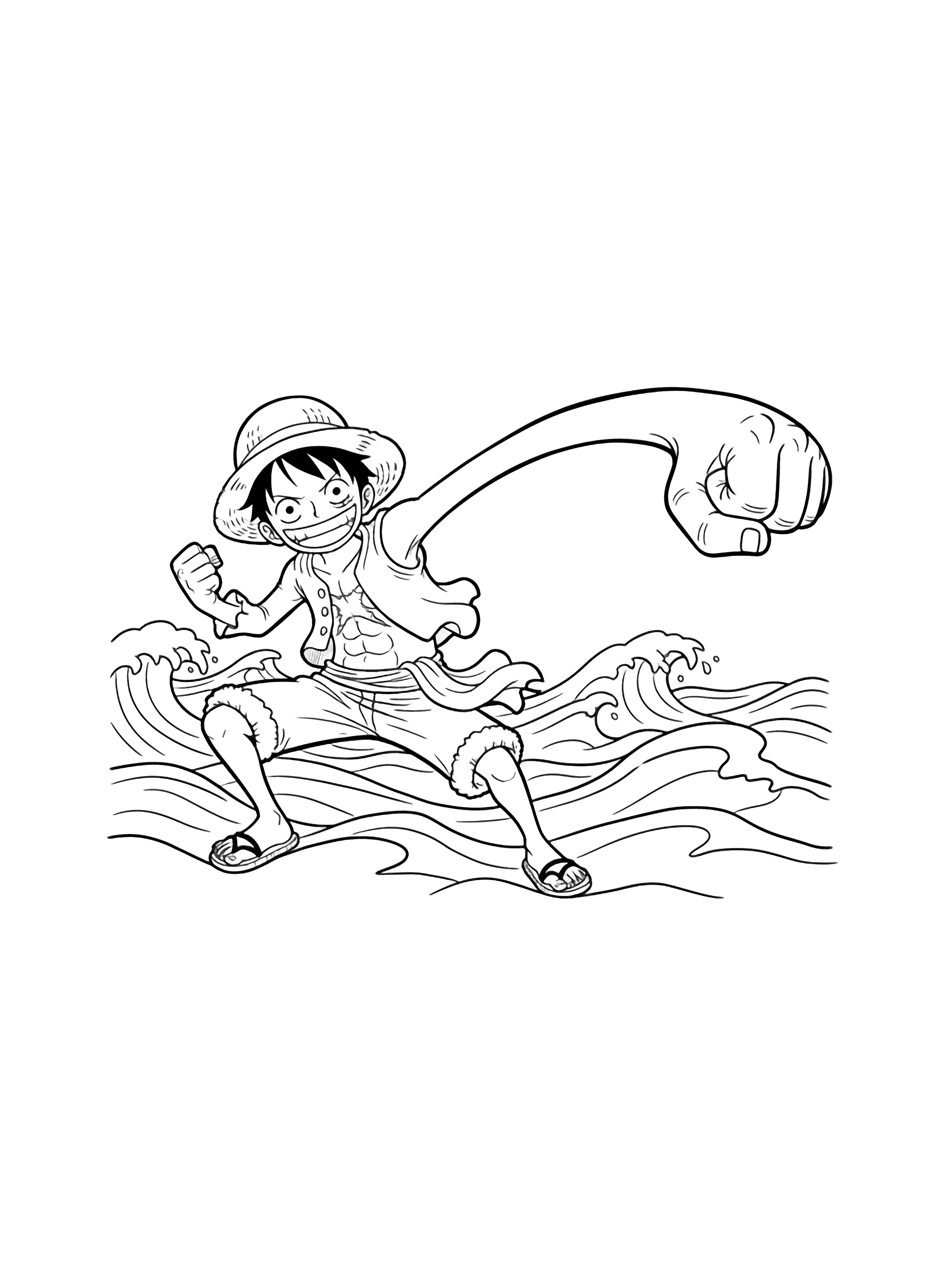 Luffy mid-action, stretching one long coiling arm, huge grin, wide eyes, straw hat flying, simple ocean waves behind kleurplaat