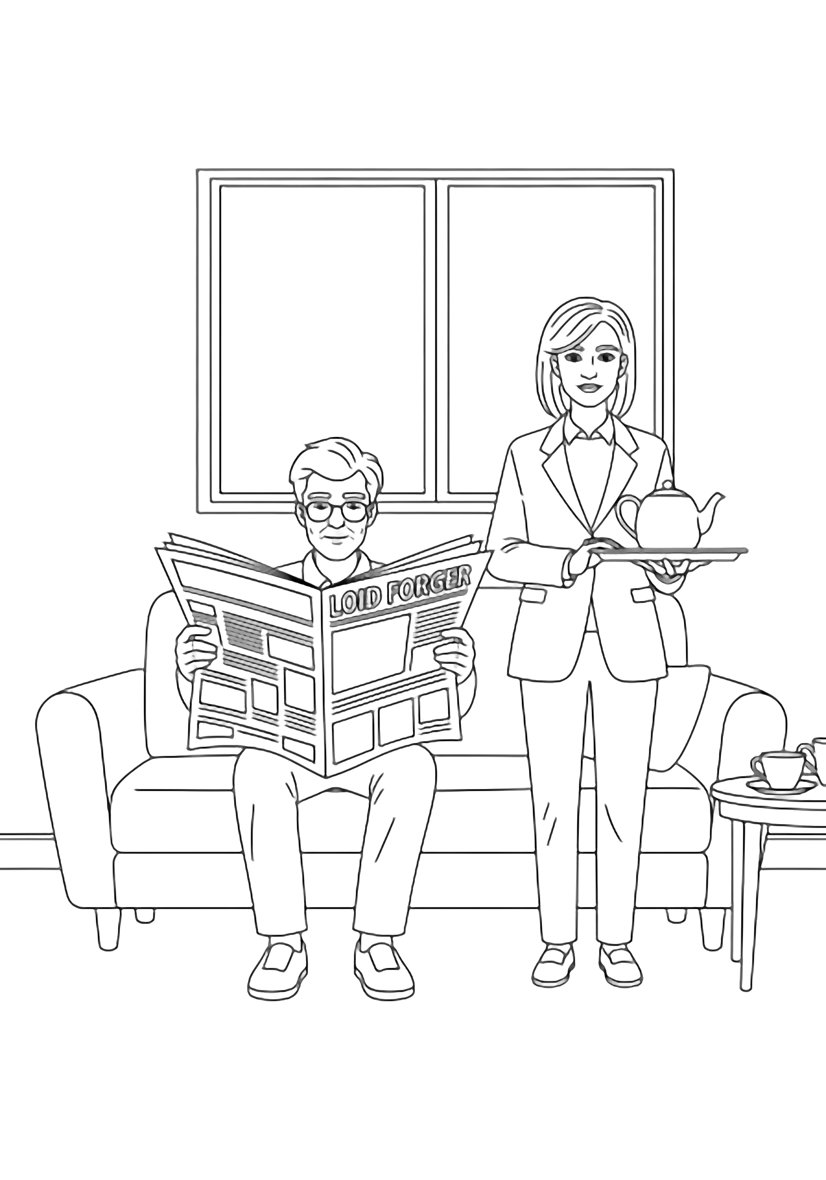 Loid lounges on a sofa reading a newspaper while Yor stands nearby holding a tray and teapot, a window and small table with empty cups completing the cozy living-room scene. kleurplaat