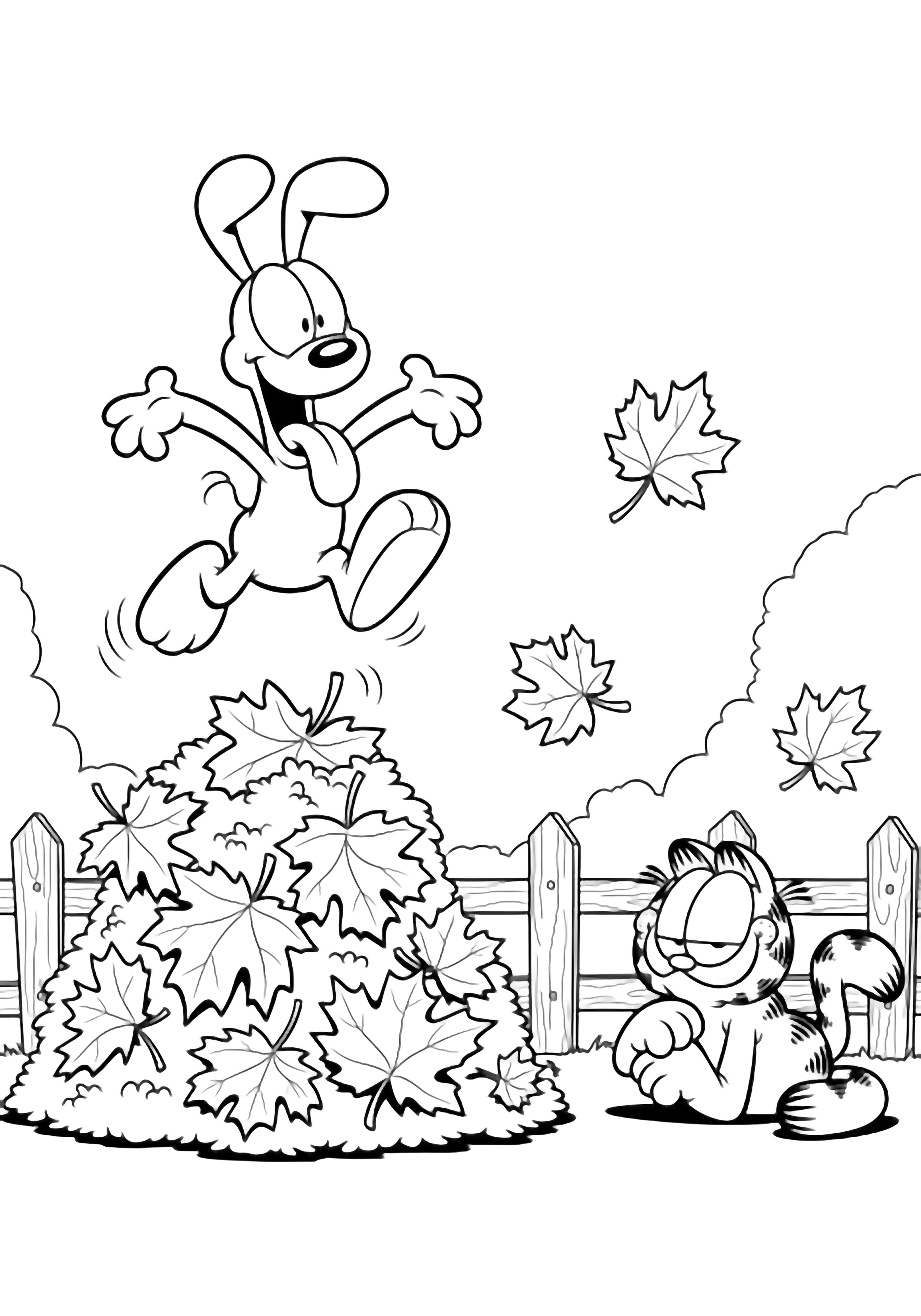Odie leaps above a pile of maple leaves, ears flapping, tongue out; Garfield lounges nearby, eyebrow raised, tail curled, with a picket fence and drifting leaves behind them. kleurplaat