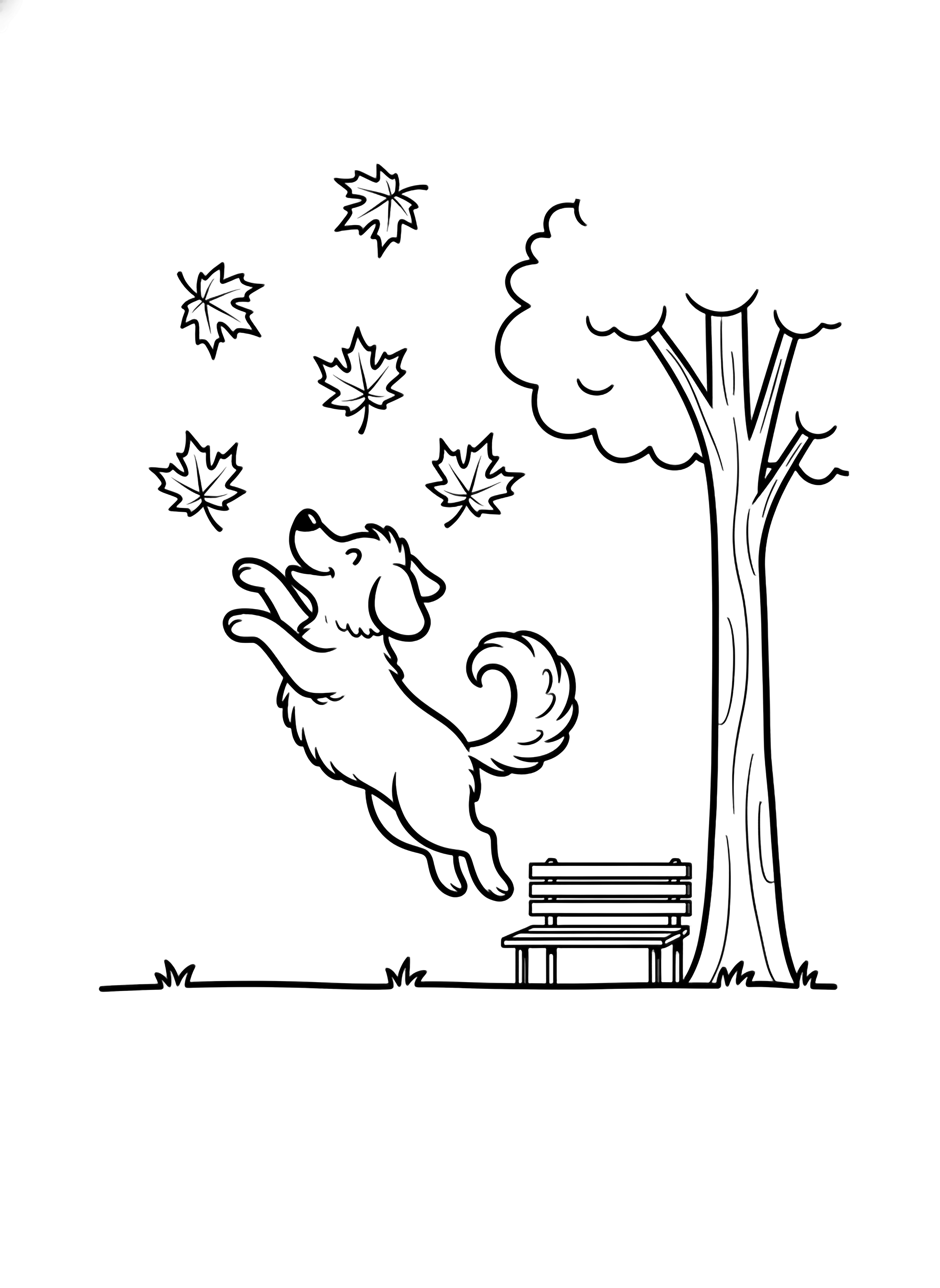 Playful dog mid-leap, tail up, paws reaching toward six drifting maple leaves; grass baseline, distant park bench, single tree trunk. kleurplaat