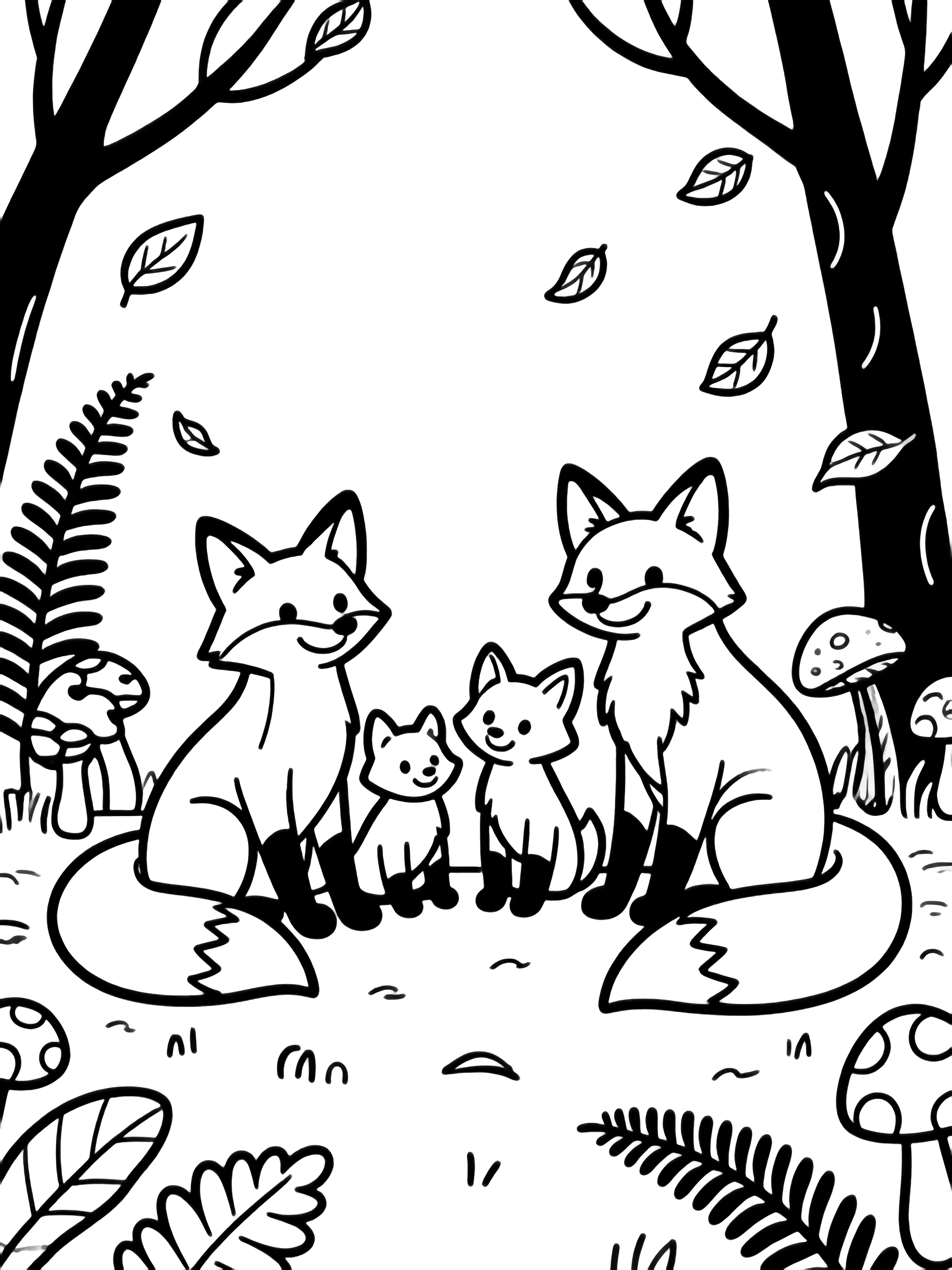 illustration on a Four foxes two cubs and parents sit happily in a woodland clearing; tall mushrooms fern fronds and drifting leaves frame them all in bold open outlines ready to color clean black kleurplaat