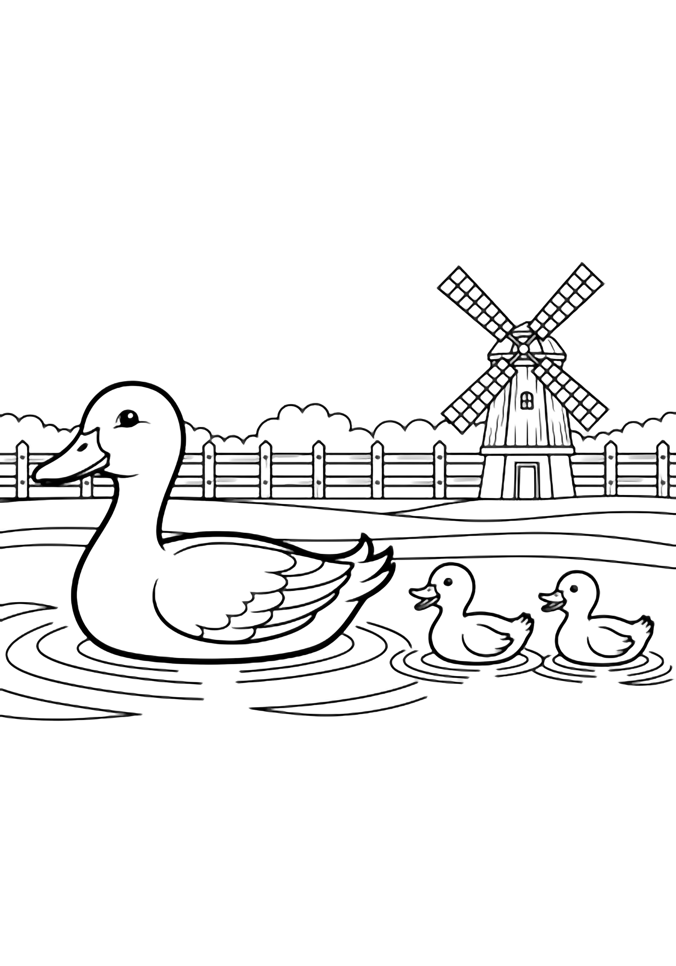 A happy mother duck leads three fluffy ducklings across gentle ripples, with a distant windmill and fence on the horizon. kleurplaat
