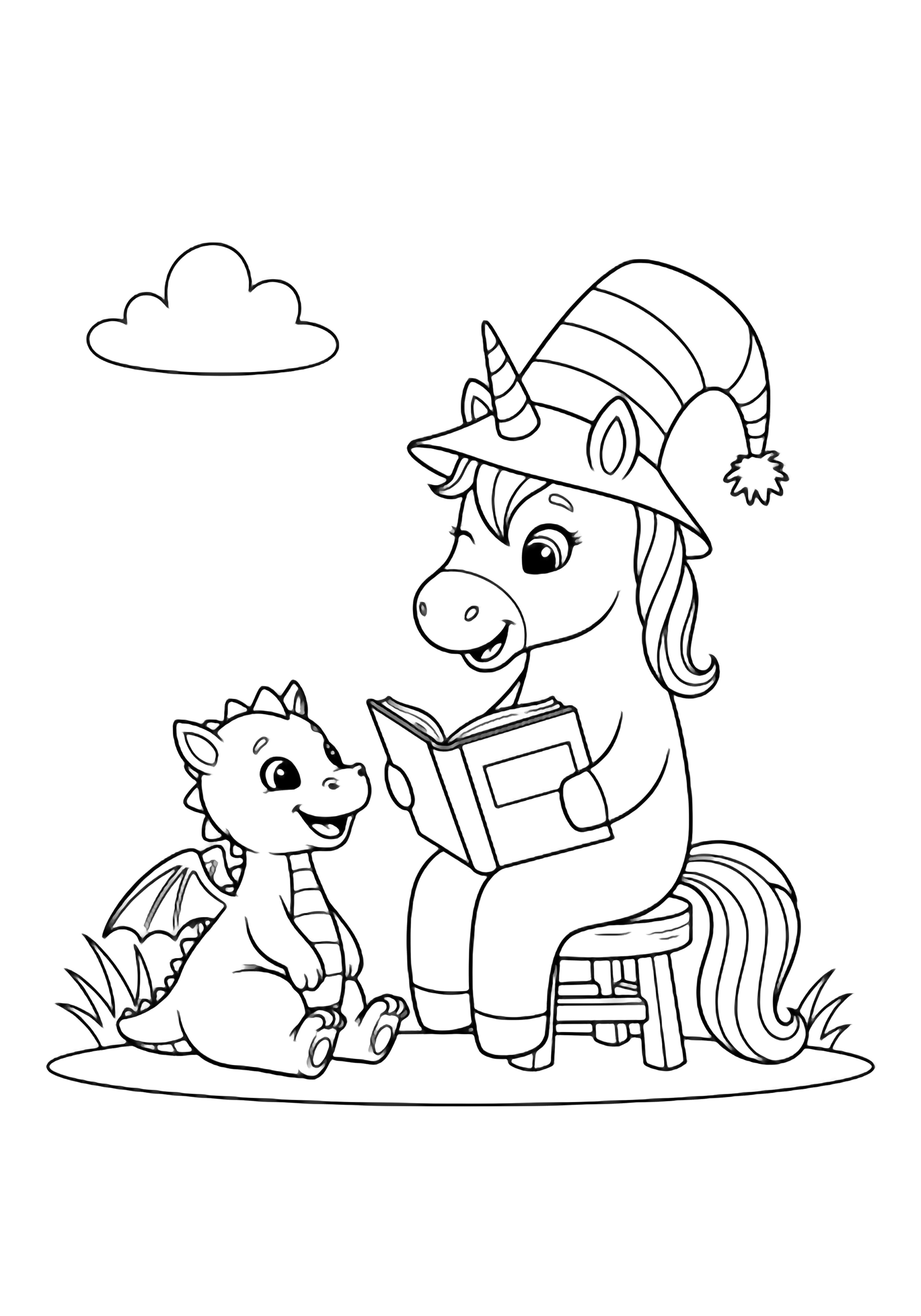 A smiling unicorn in a tall striped hat reads to a cheerful baby dragon on a tiny stool; simple grass and one cloud behind them. kleurplaat