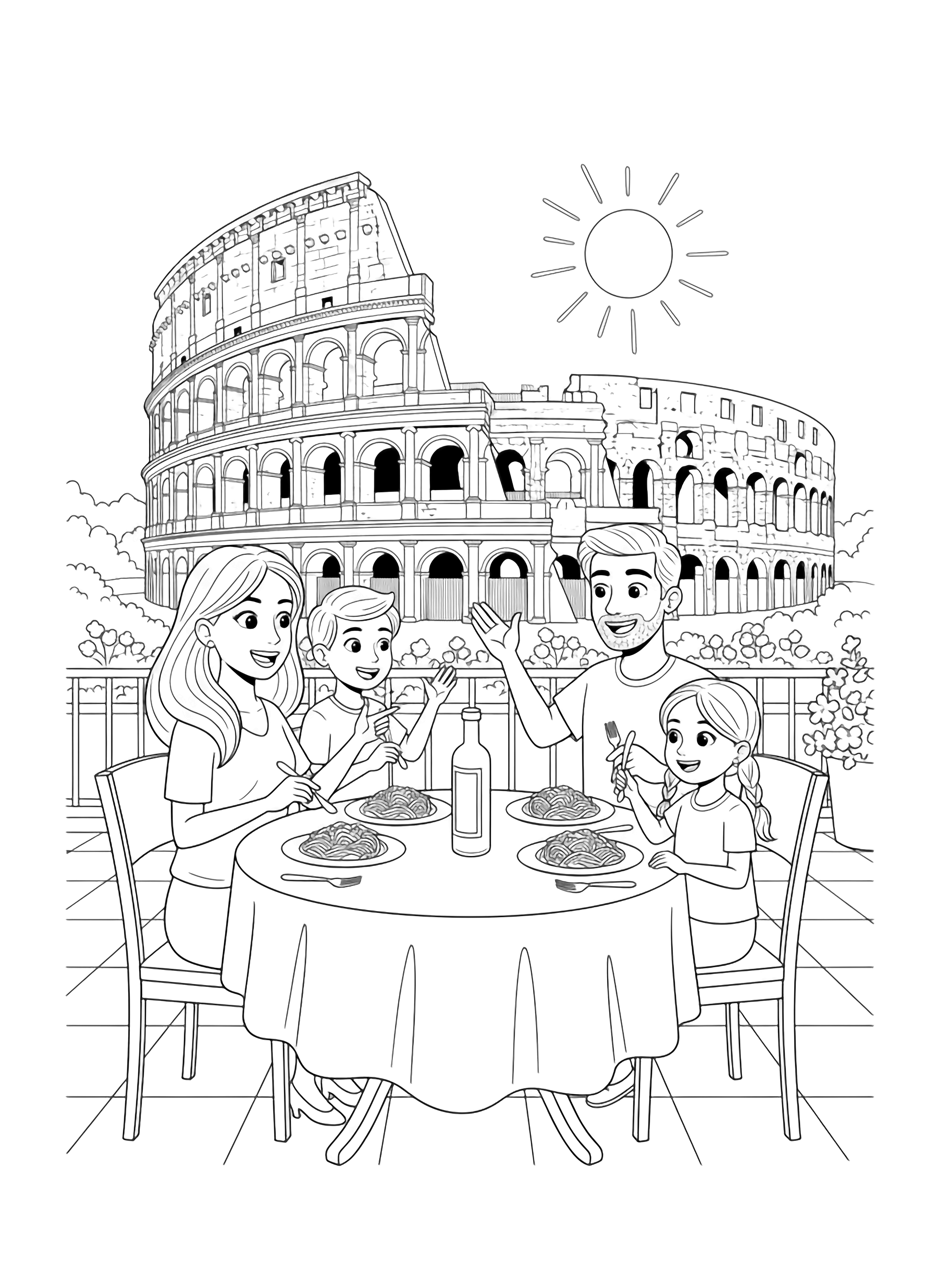 A black and white page showing a happy family of four enjoying dinner on a sunny Roman terrace The parents and two children sit around a round table with a checkered tablecloth plates of pasta and a tall bottle in the center They smile and gesture toward the grand Colosseum rising in the background clean black and white line drawing minimal shading no colour no fill kleurplaat