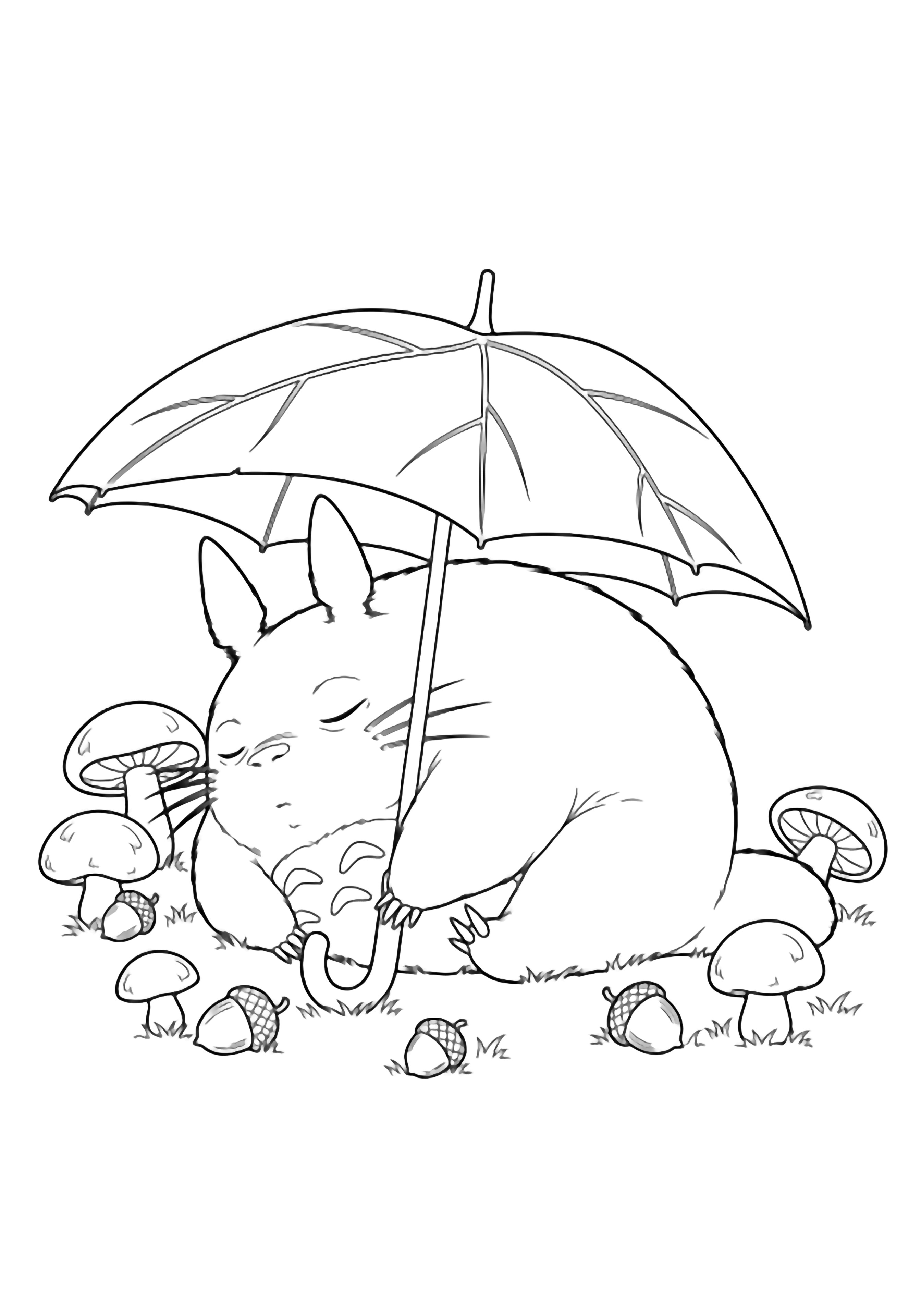 Slapende Totoro opgerold onder een enorme bladerenparaplu, paddenstoelen en eikels verspreid over de bosgrond. kleurplaat