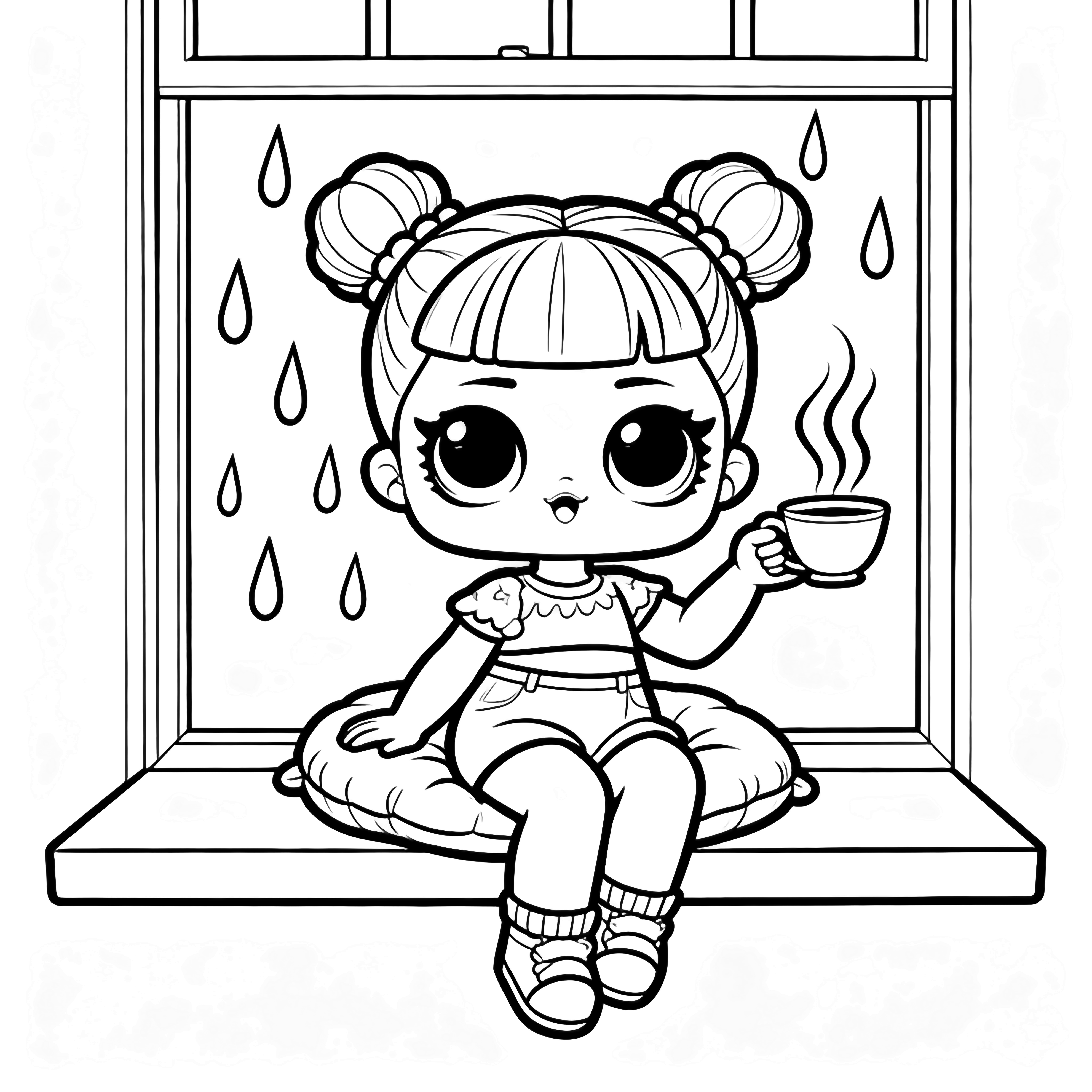 LOL Surprise Sugar doll perched on a cushioned windowsill, legs dangling, sipping steaming tea while raindrops slide down the window behind her. kleurplaat