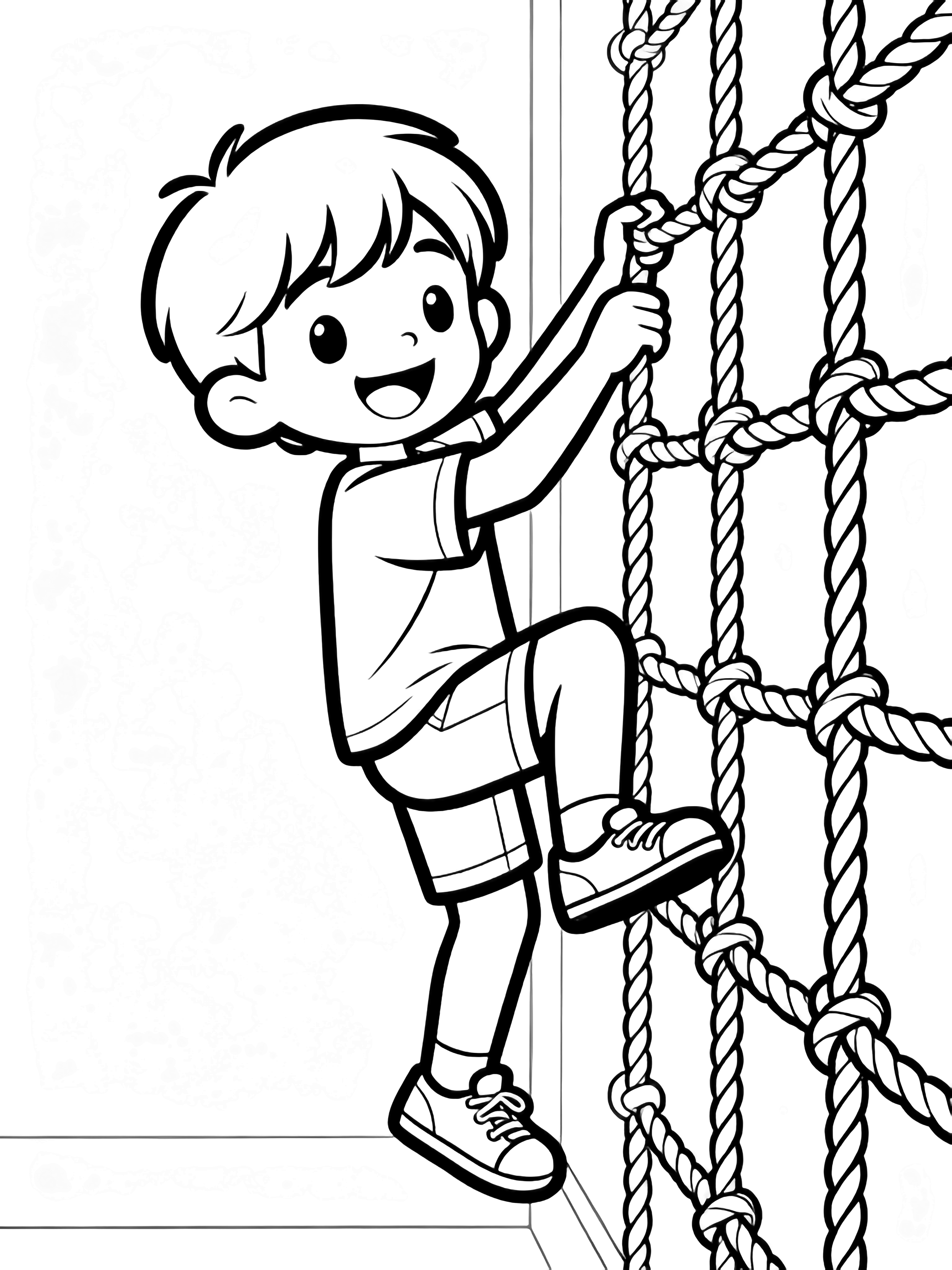 Smiling child gripping a knotted rope wall, one foot lifted, sneakers visible, surrounded by empty space. kleurplaat